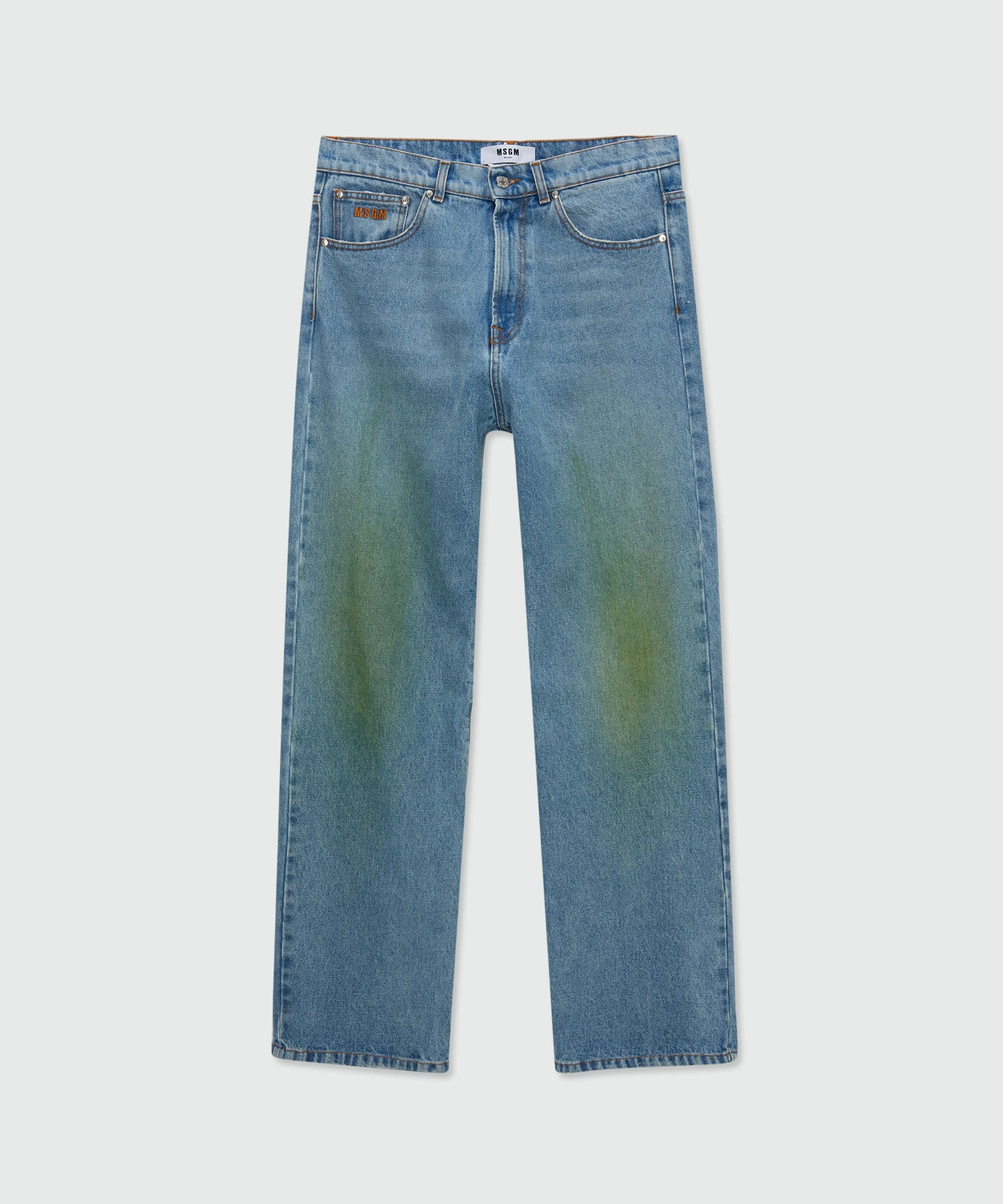 Medium-wash denim trousers with localized distressing, five-pocket design - 1