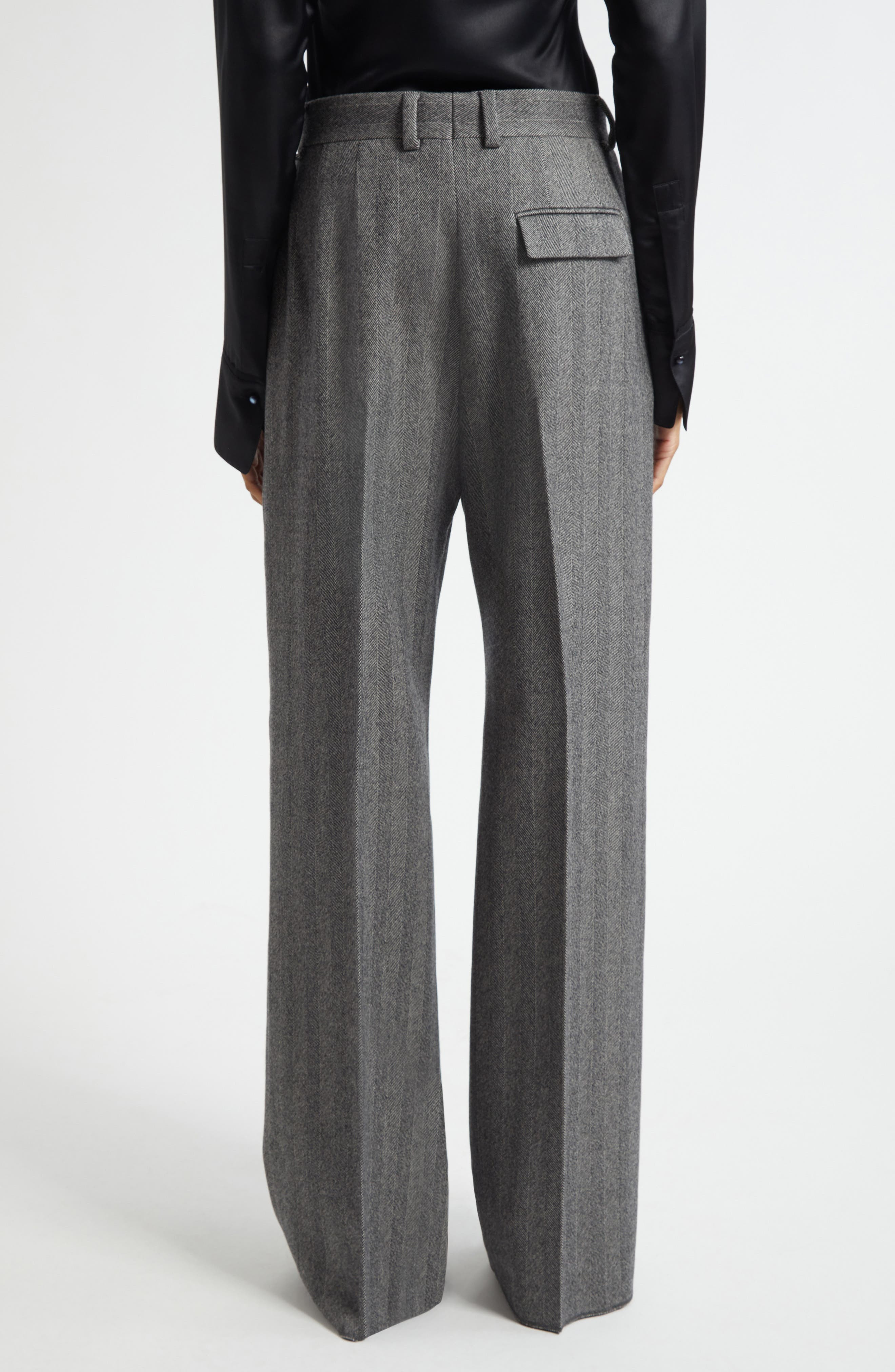 FERRAGAMO Herringbone Virgin Wool Blend Wide Leg Trousers in Nero/White Sand at Nordstrom - 3