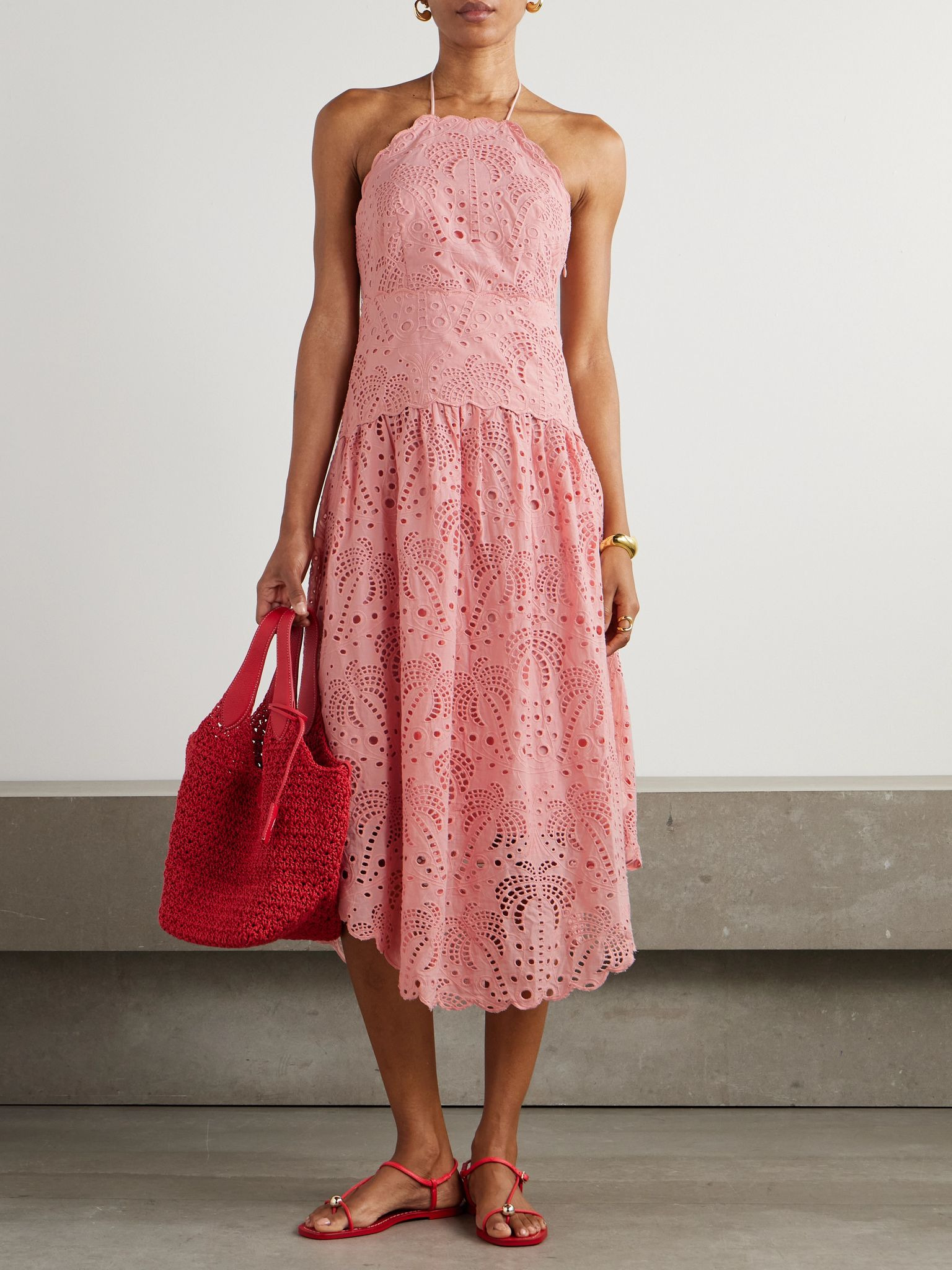 Palm Tree scalloped broderie anglaise cotton midi dress Pink - 2