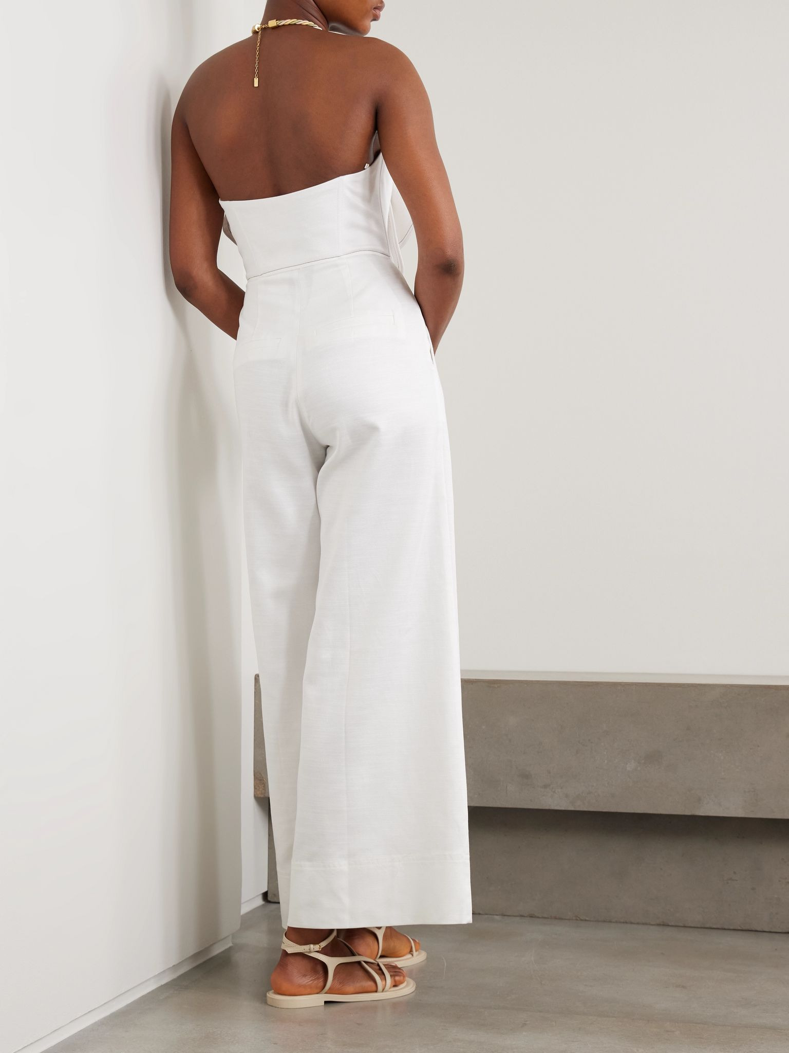 A Flor De Piel appliquéd cotton and TENCEL-blend twill jumpsuit Off-white - 3