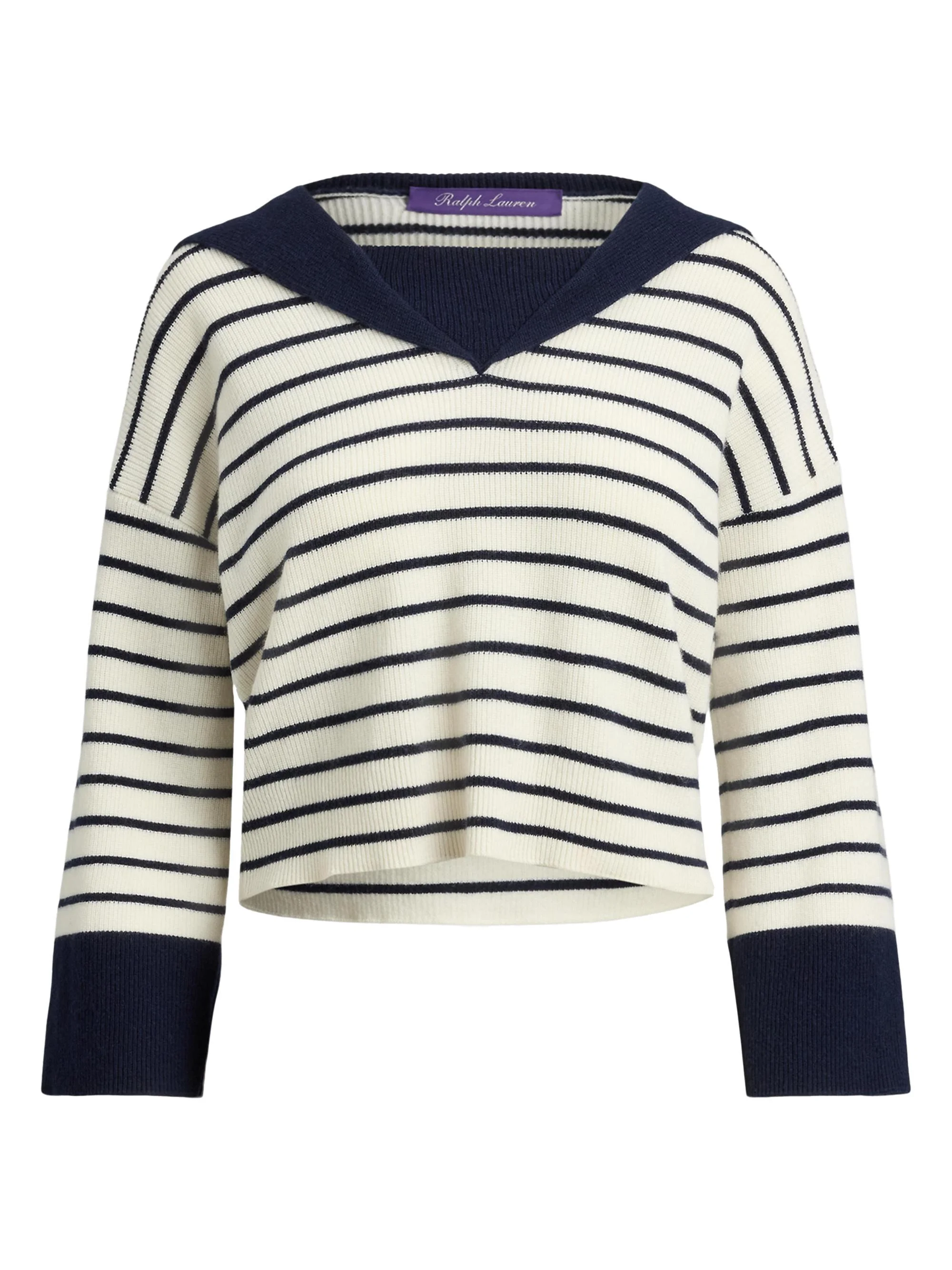 Women's Sailor Collar Striped Cashmere Sweater - Cream Icon Navy - 1