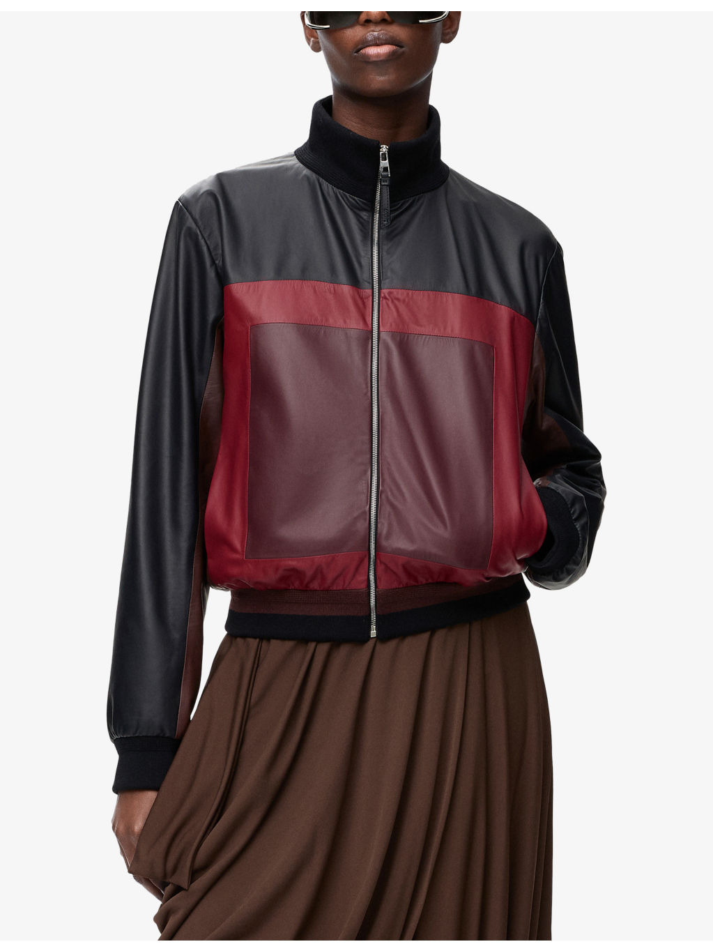 Colour-Block Cropped Leather Jacket - 3