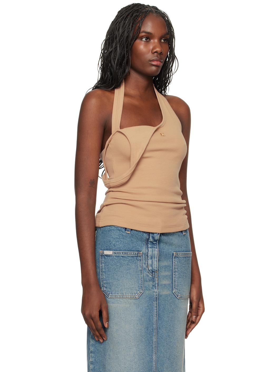 Beige Asymmetric Rib 90's Tank Top - 2