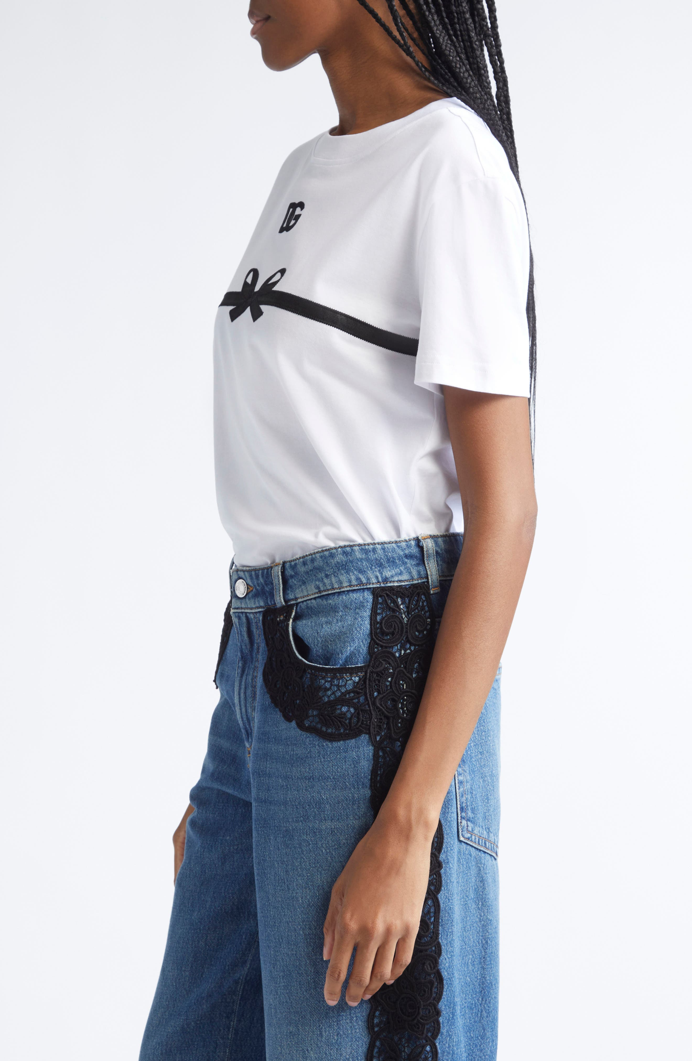 Dolce&Gabbana Logo Embroidered Bow Appliqué T-Shirt in W0800 Bianco Ottico at Nordstrom - 4