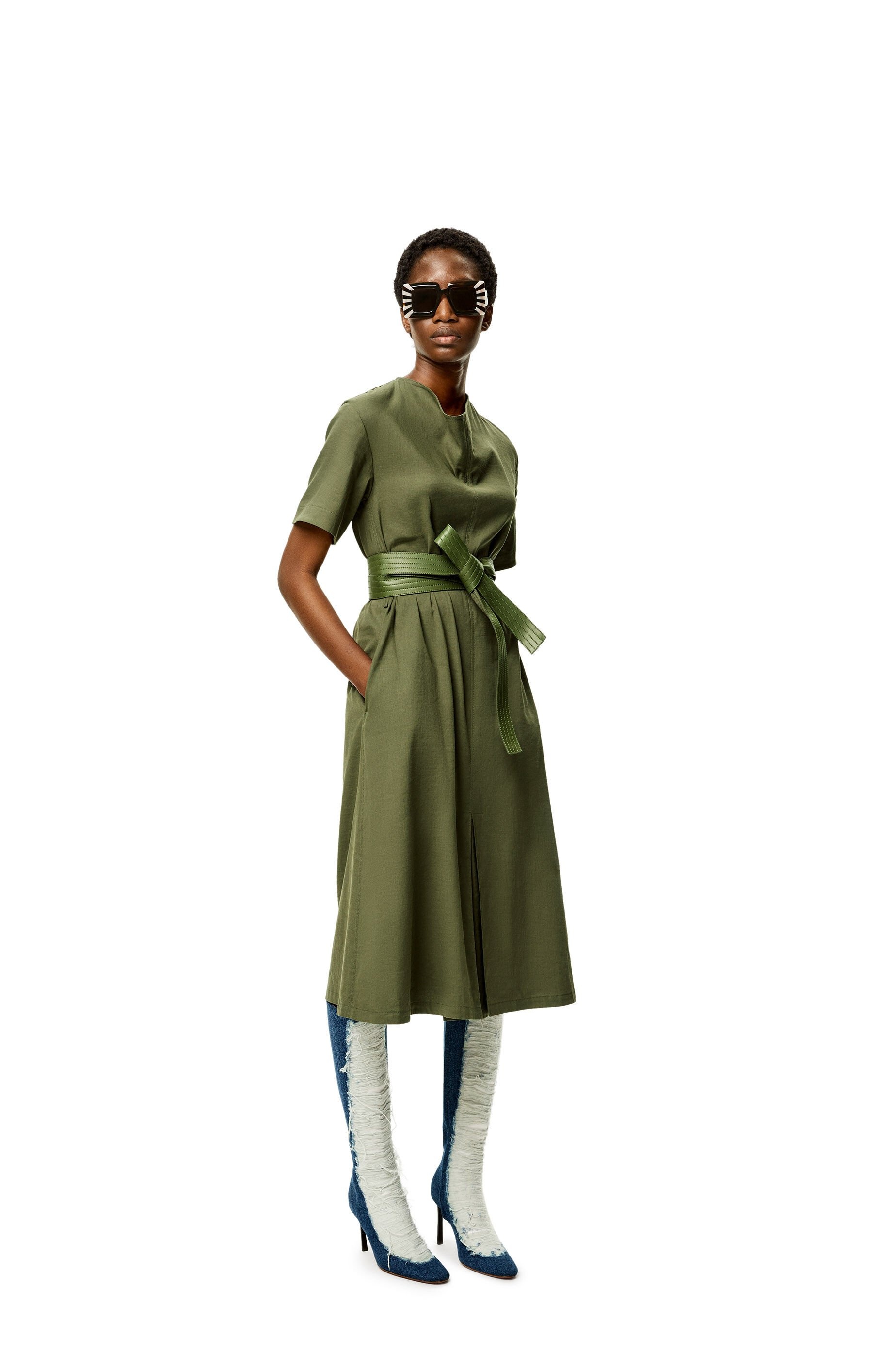 Belted midi dress in linen and cotton - 2