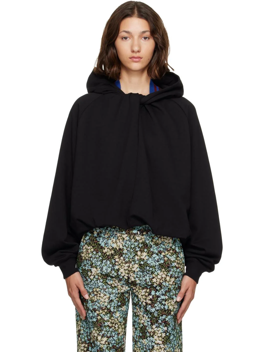 Black Draped Cotton Hoodie - 1