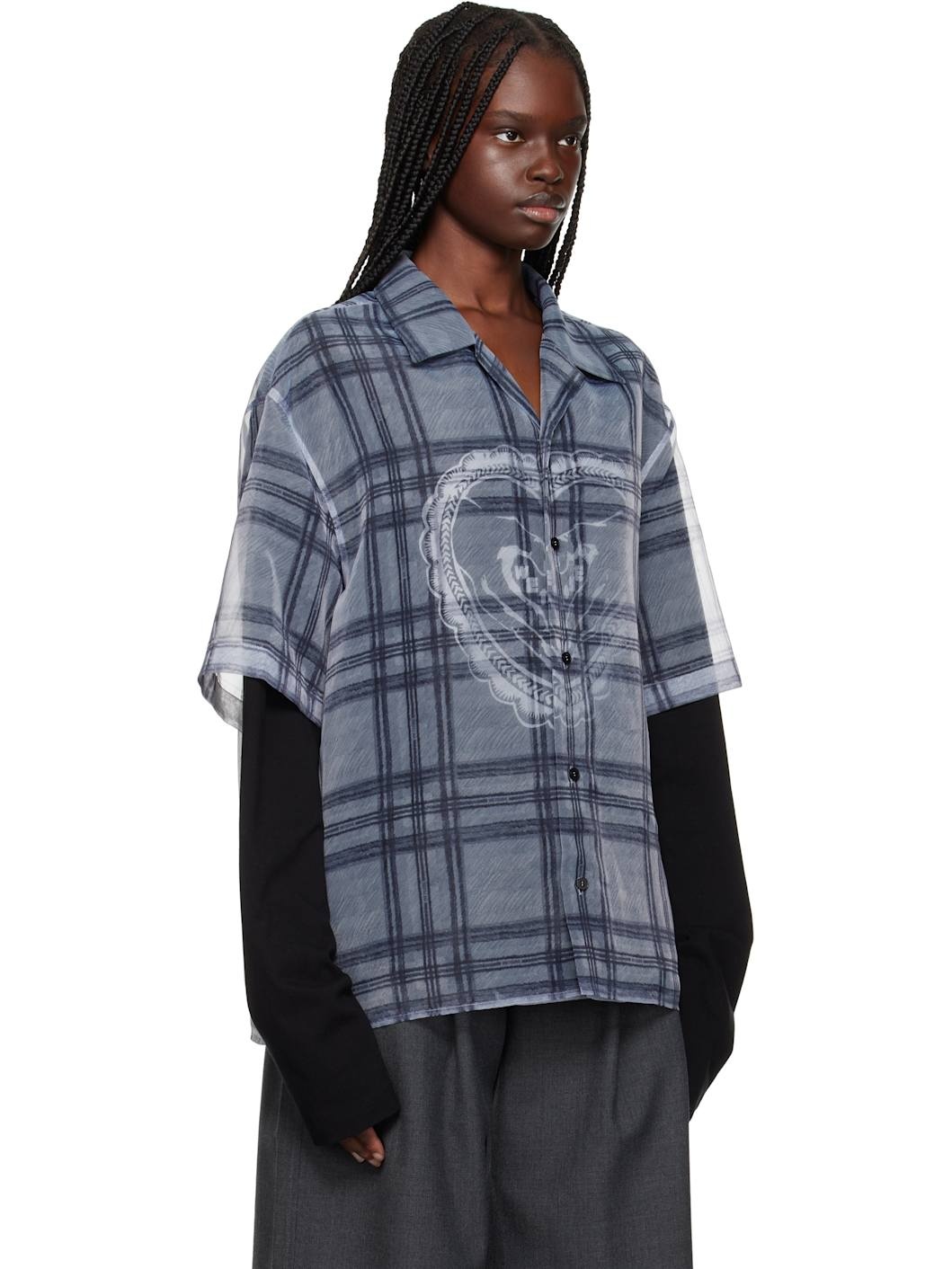 Gray Heart Layered Check Pattern Shirt - 2
