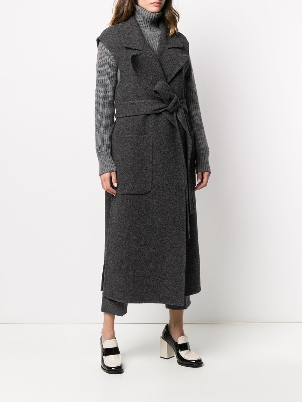 sleeveless wrap-front belted coat - 3