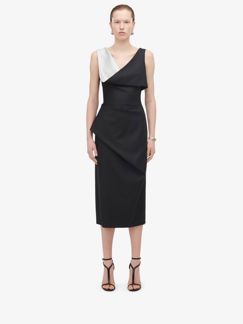 Women's Pinstripe Asymmetric Pencil Dress in Grey - 1