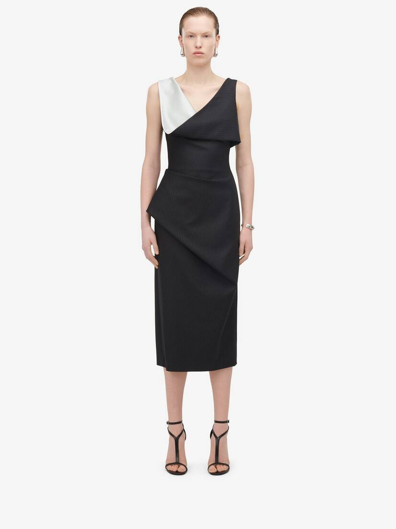 Women's Pinstripe Asymmetric Pencil Dress in Grey 1