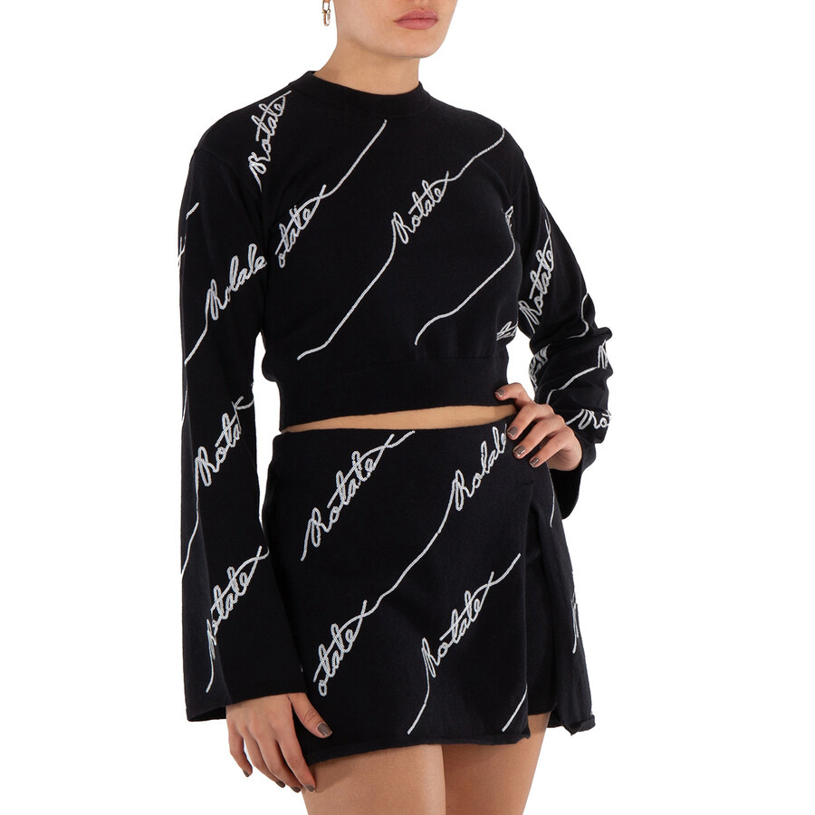 Rotate Ladies Black Logo-Embellished Cropped Jumper - 2