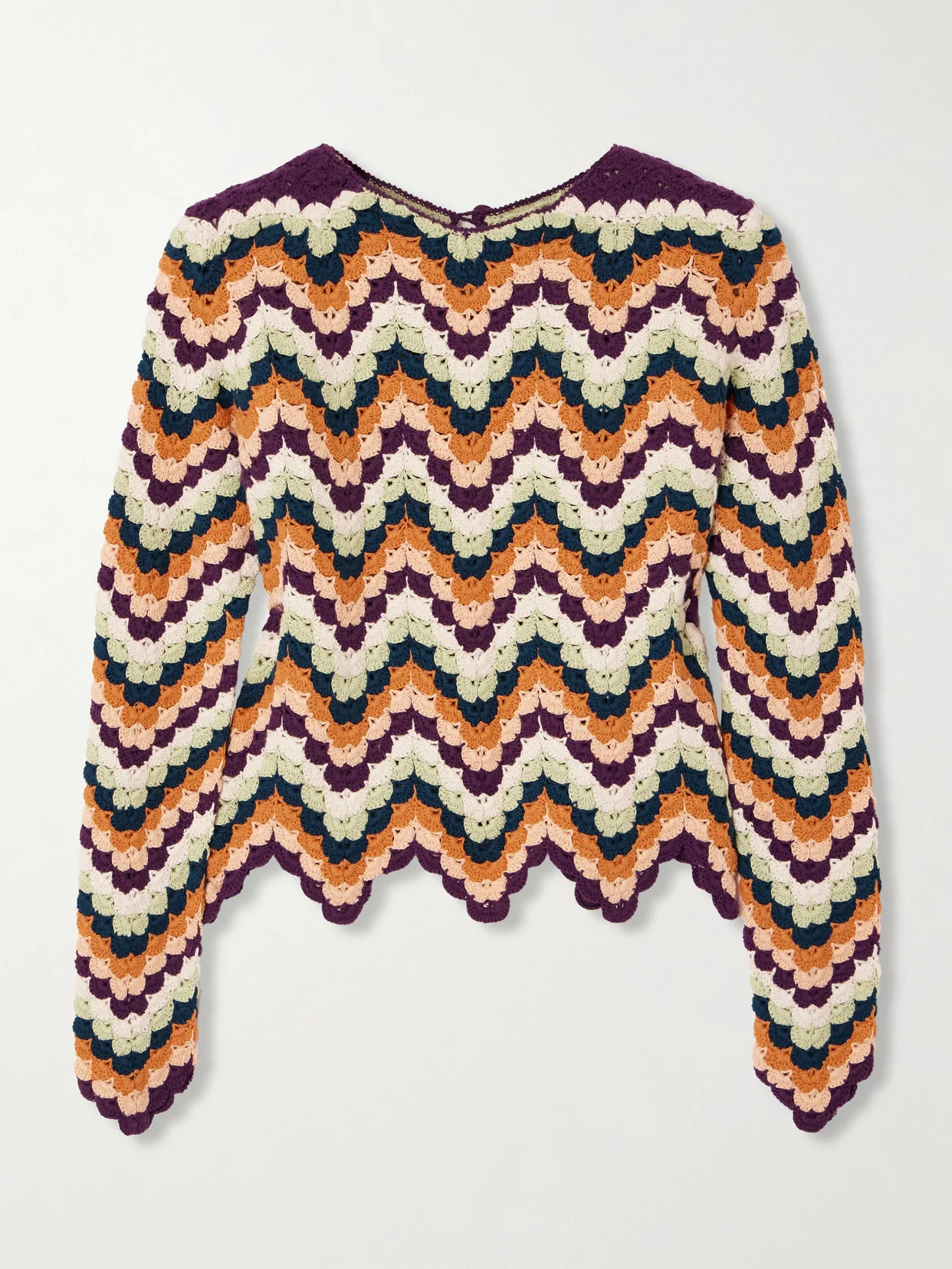 Safi Pesca Scalloped Striped Crocheted Organic Cotton Top - 1