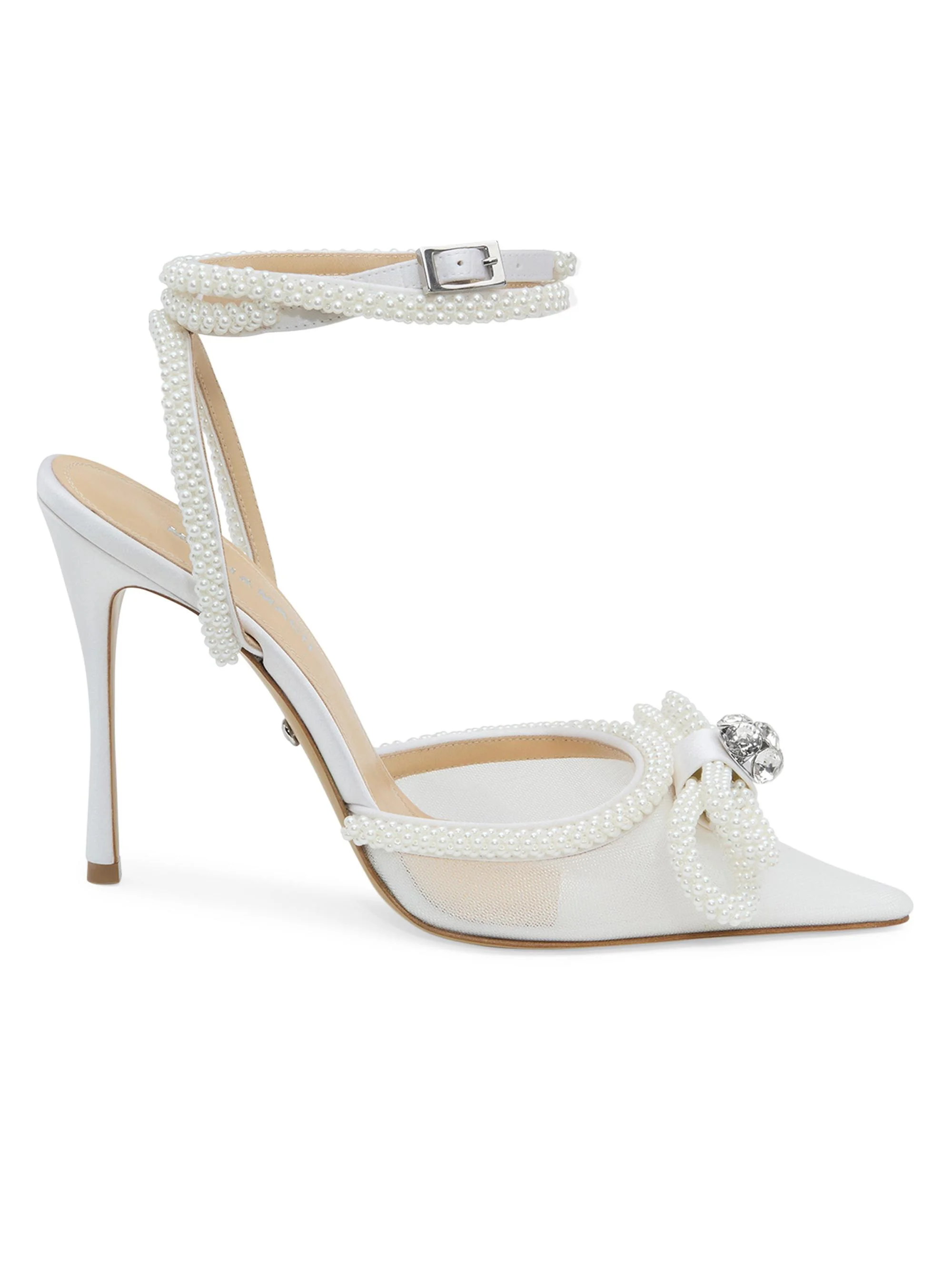 Women's 110MM Embellished Double Bow Mesh Pumps - White - 1