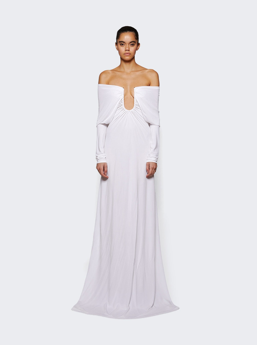 Arced Palm Strapless Shawl Gown White - 2