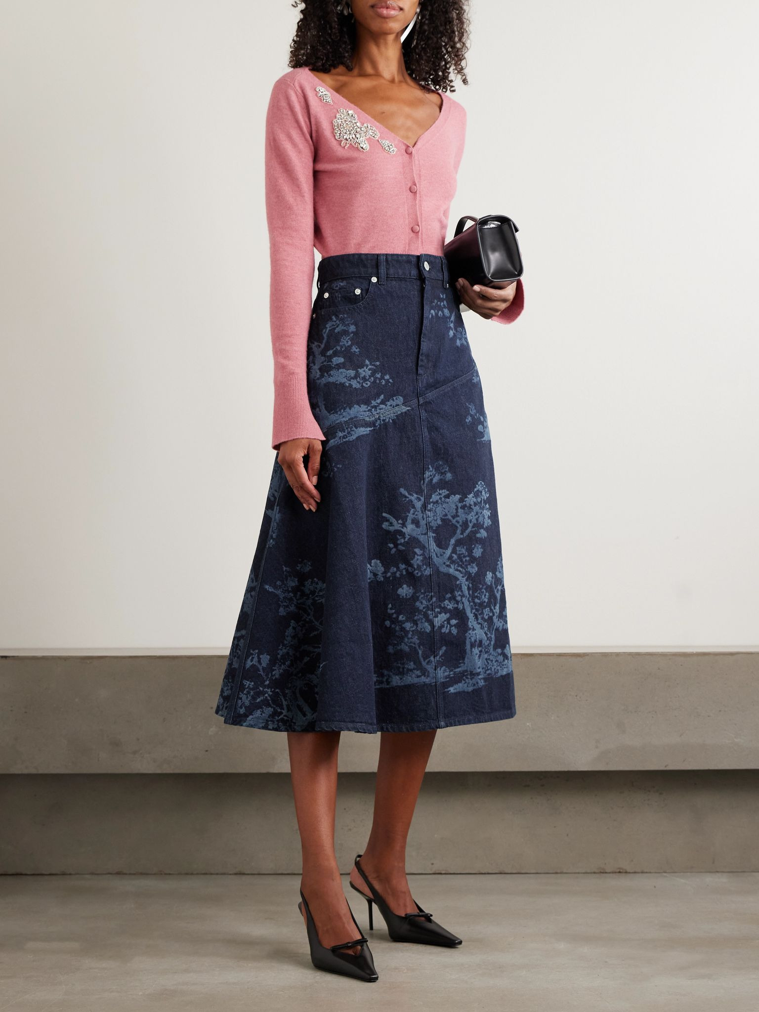 Asymmetric paneled printed denim midi skirt Indigo - 2