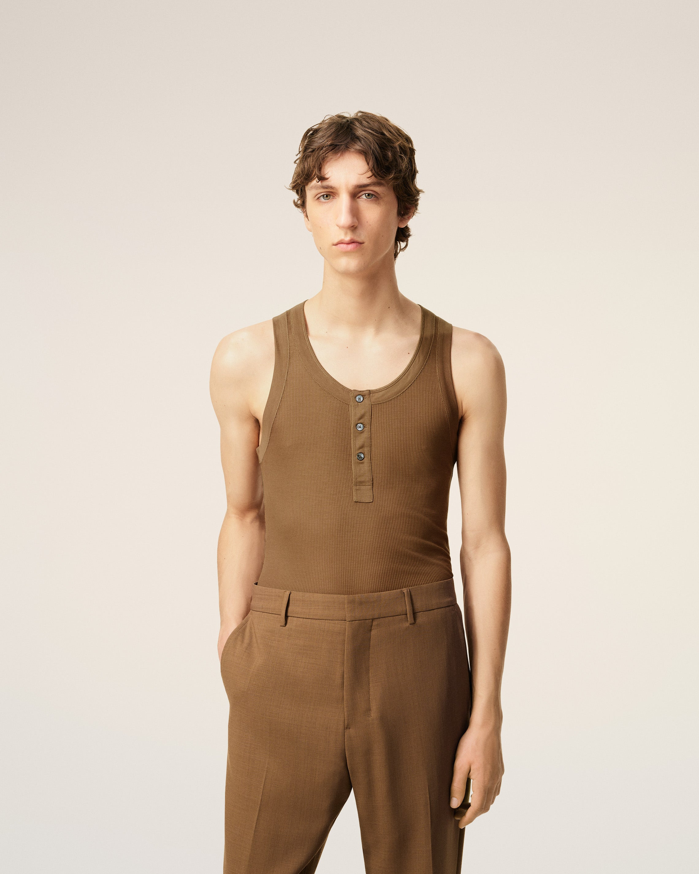 BROWN JERSEY BUTTONED PLACKET TANKTOP - 3