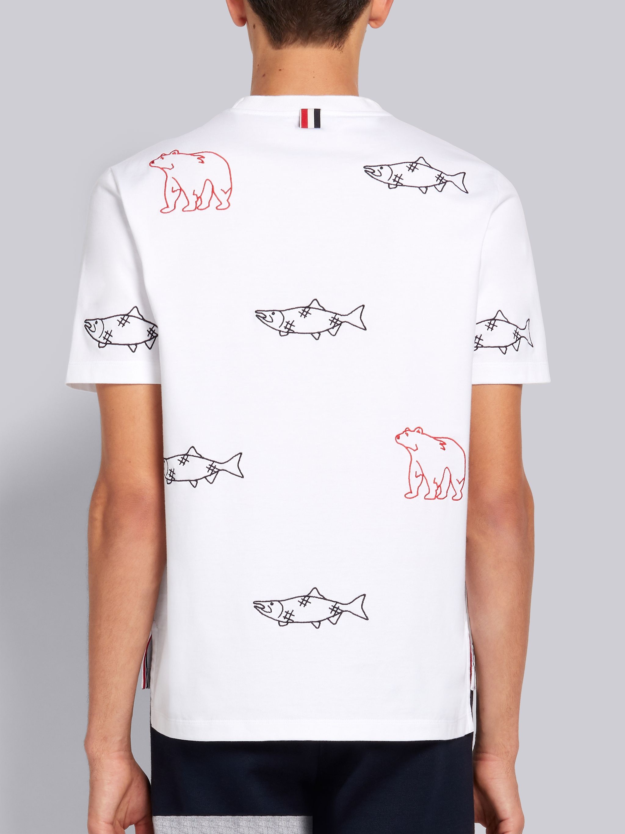 White Medium Weight Jersey Bear and Salmon Half Drop Embroidery Short Sleeve Tee - 3