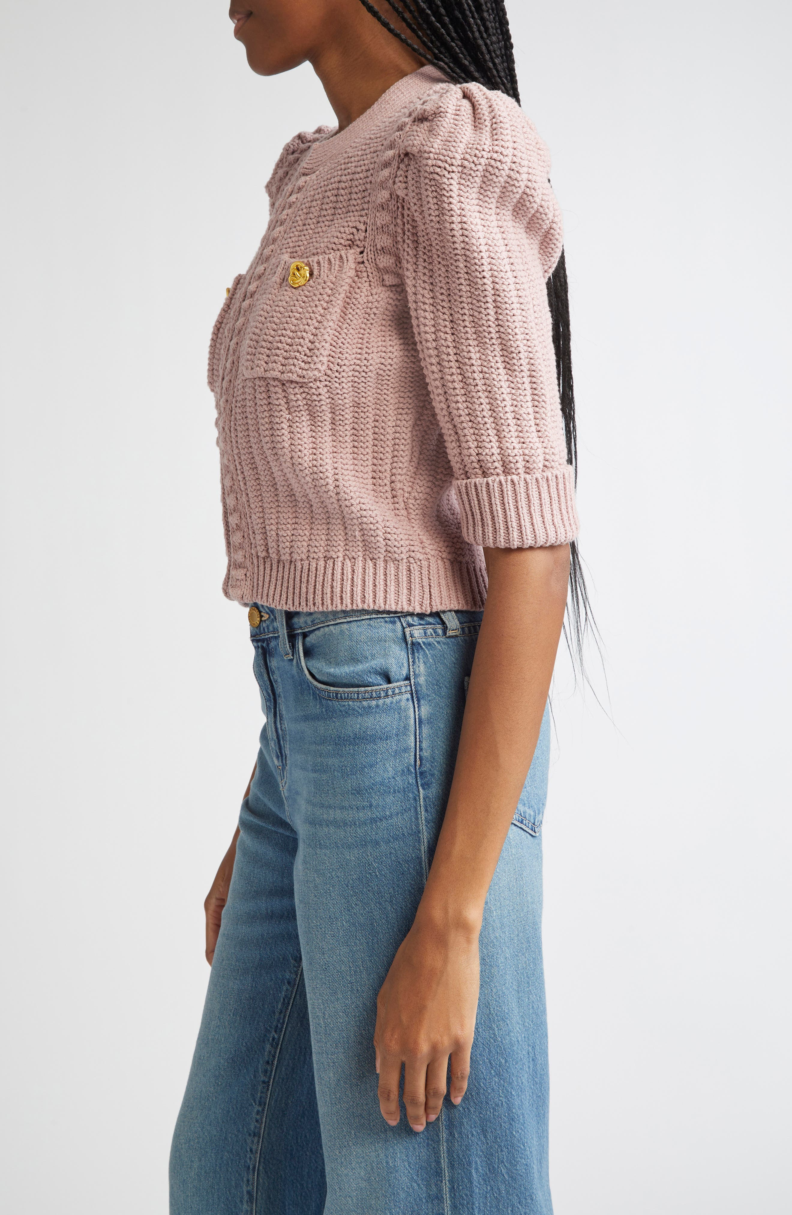 L'AGENCE Delilah Puff Sleeve Crop Cardigan in Light Mauve/Gold at Nordstrom - 3