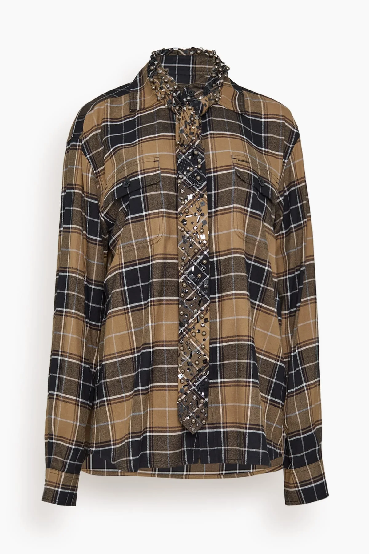 Bijou Embroidery Plaid Flannel Shirt in Black x Beige - 1