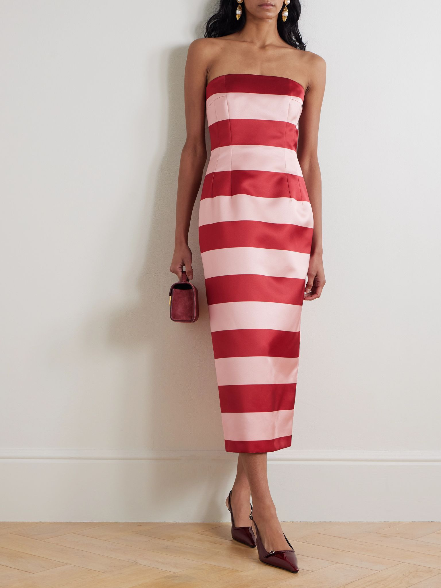 Leila strapless striped duchesse-satin midi dress Pink - 2