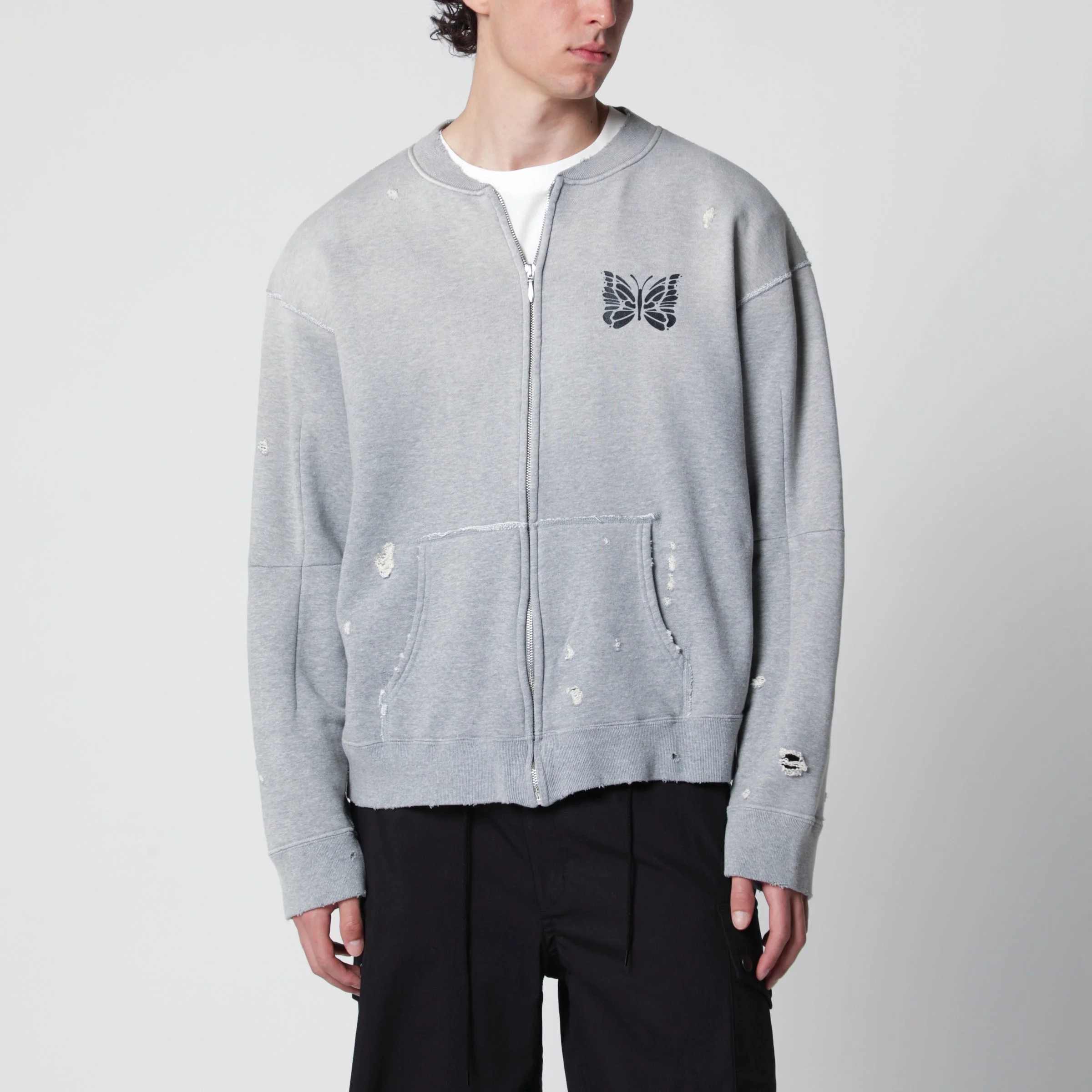 Grey cotton "Deconstructed" zip-up sweatshirt - 1