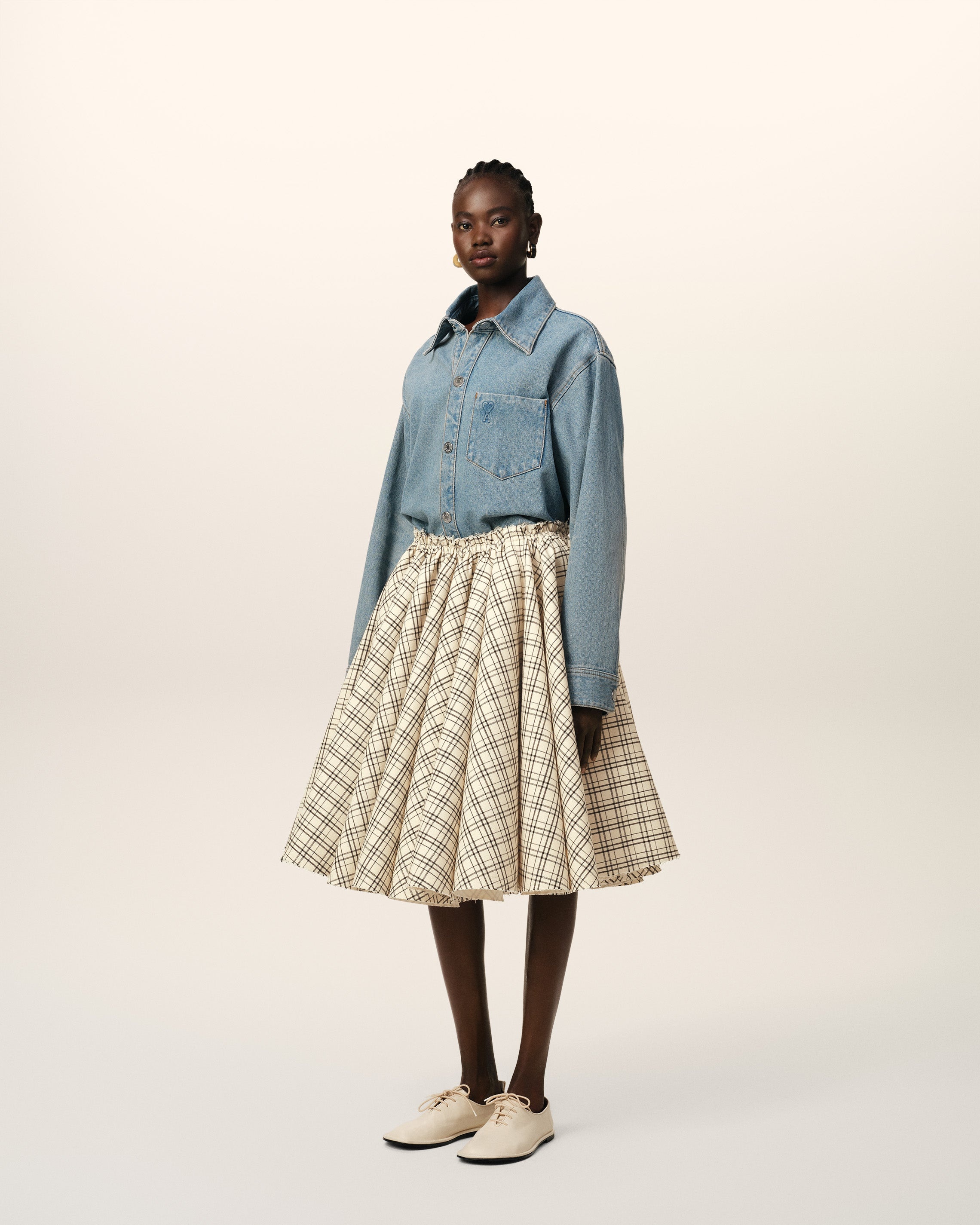 BEIGE CHECKED WOOL SKIRT WITH GODETS - 6