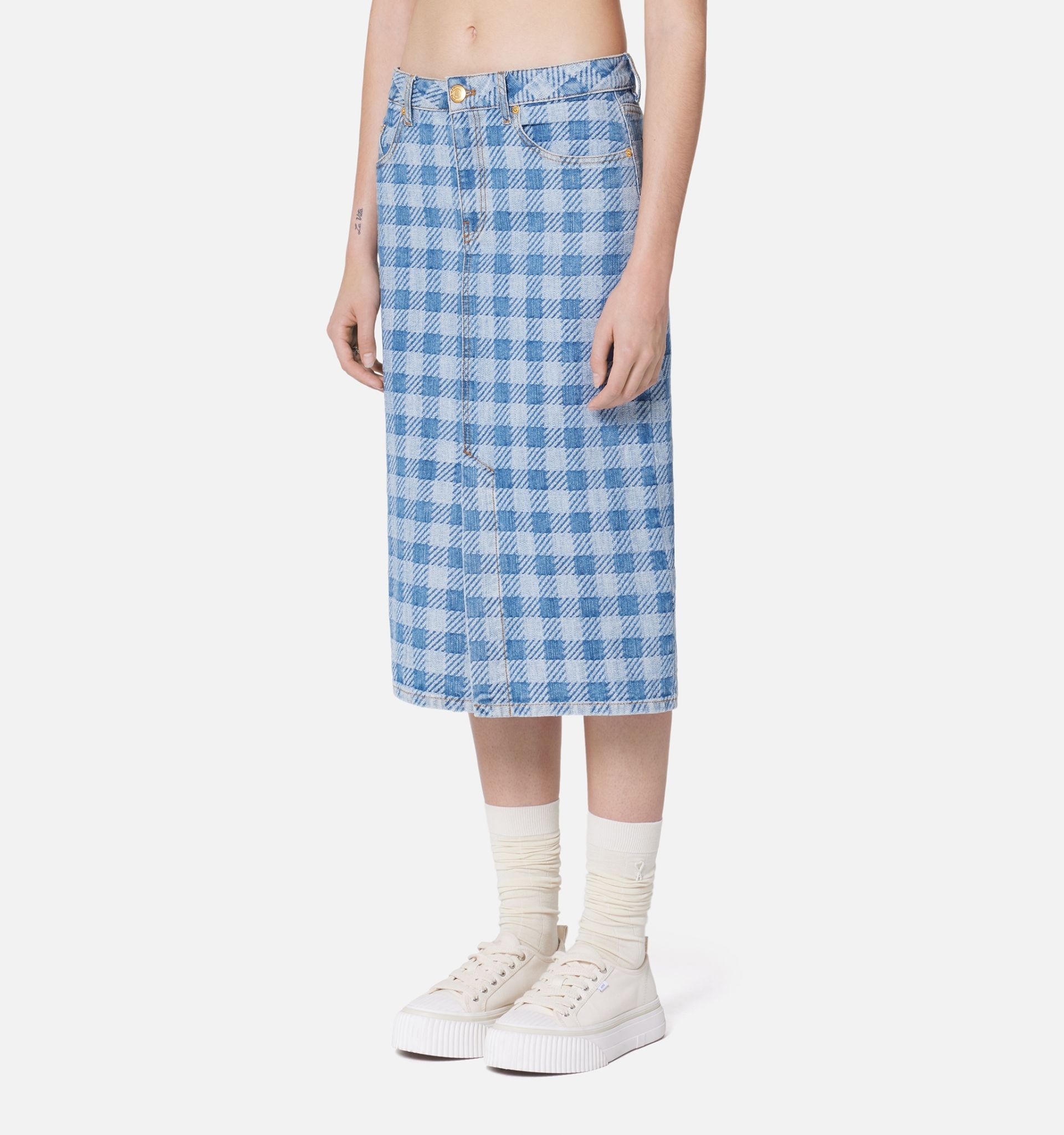 Gingham Pattern Jacquard Denim Pencil Skirt - 3