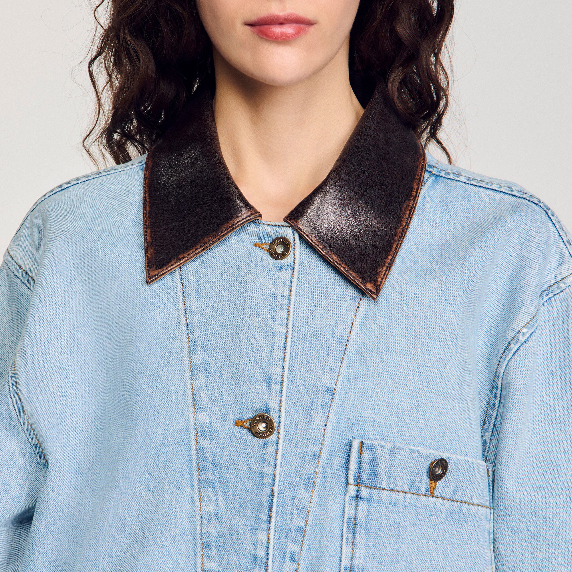 DENIM JACKET WITH LEATHER COLLAR - 3