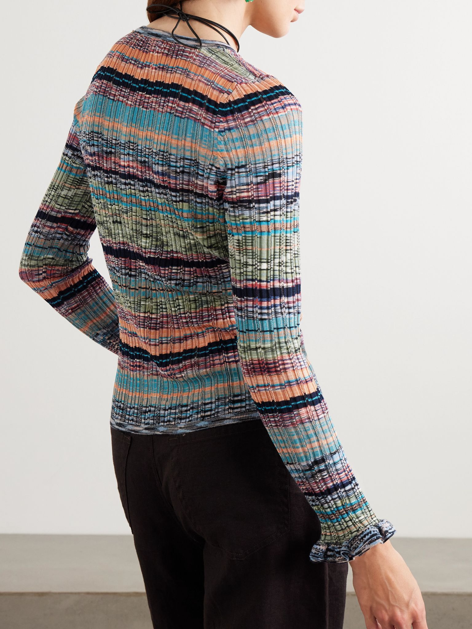 Lex pointelle-trimmed striped ribbed-knit cardigan Multi - 3