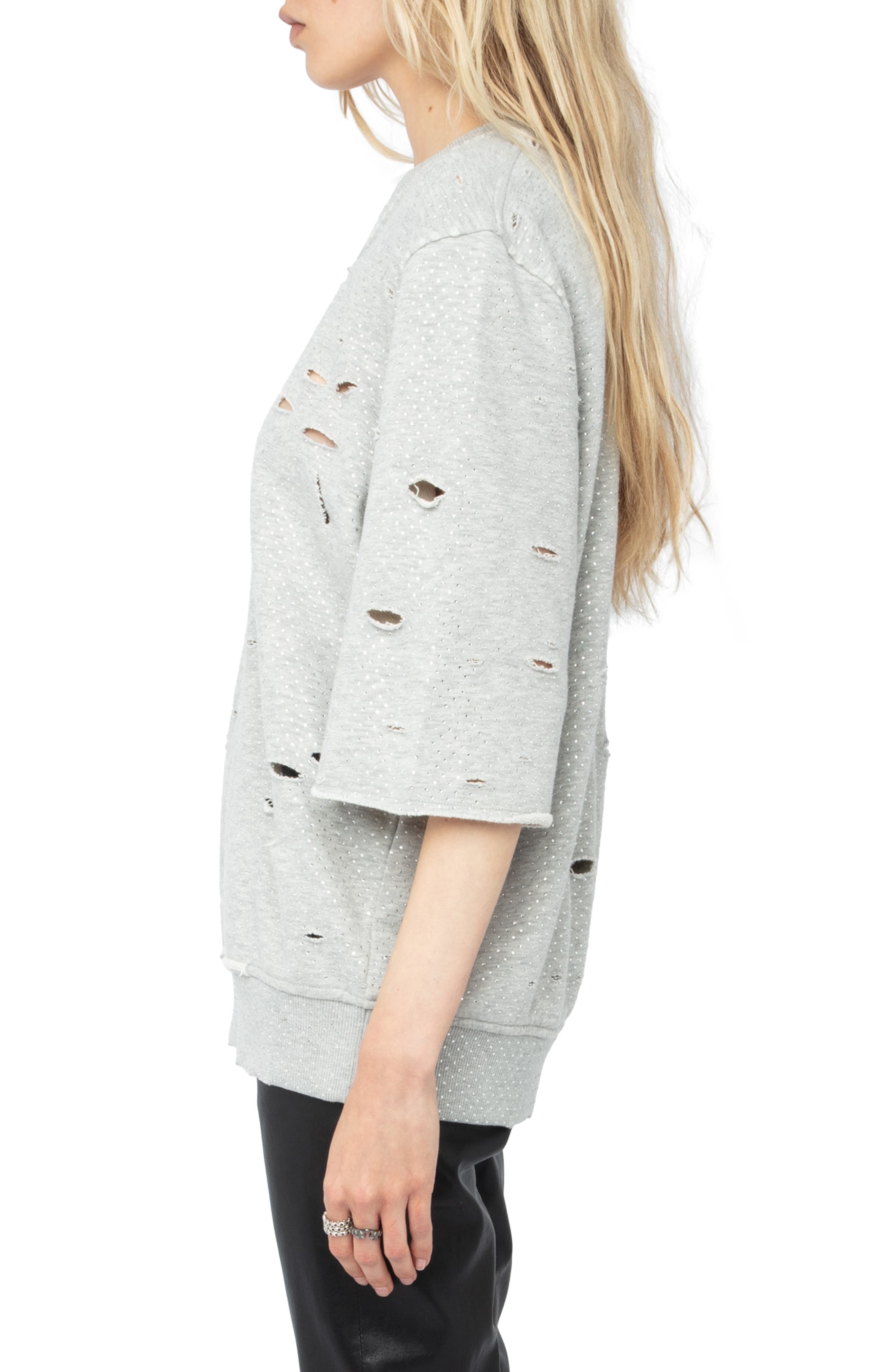 Zadig & Voltaire Edmond Rhinestone Destroyed Sweatshirt in Gris Chine at Nordstrom - 3