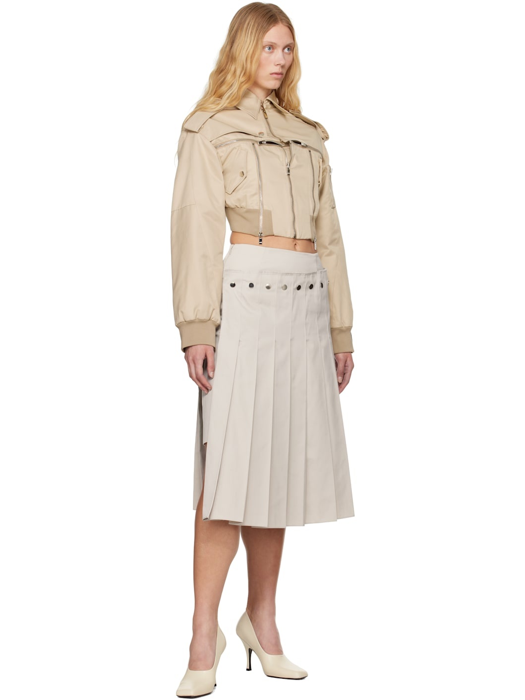 Beige Double Layered Pleated Midi Skirt - 4