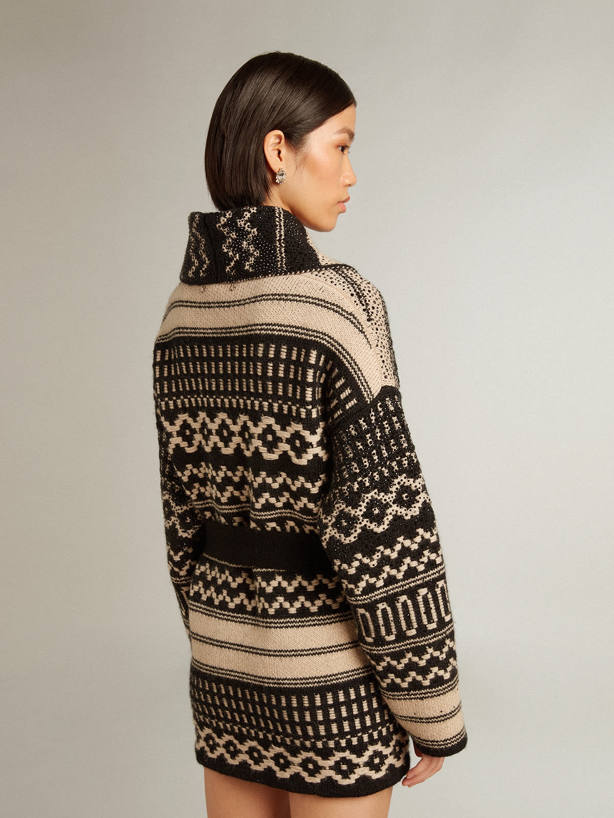 Women’s cardigan in ecru wool with jacquard design and belt - 4