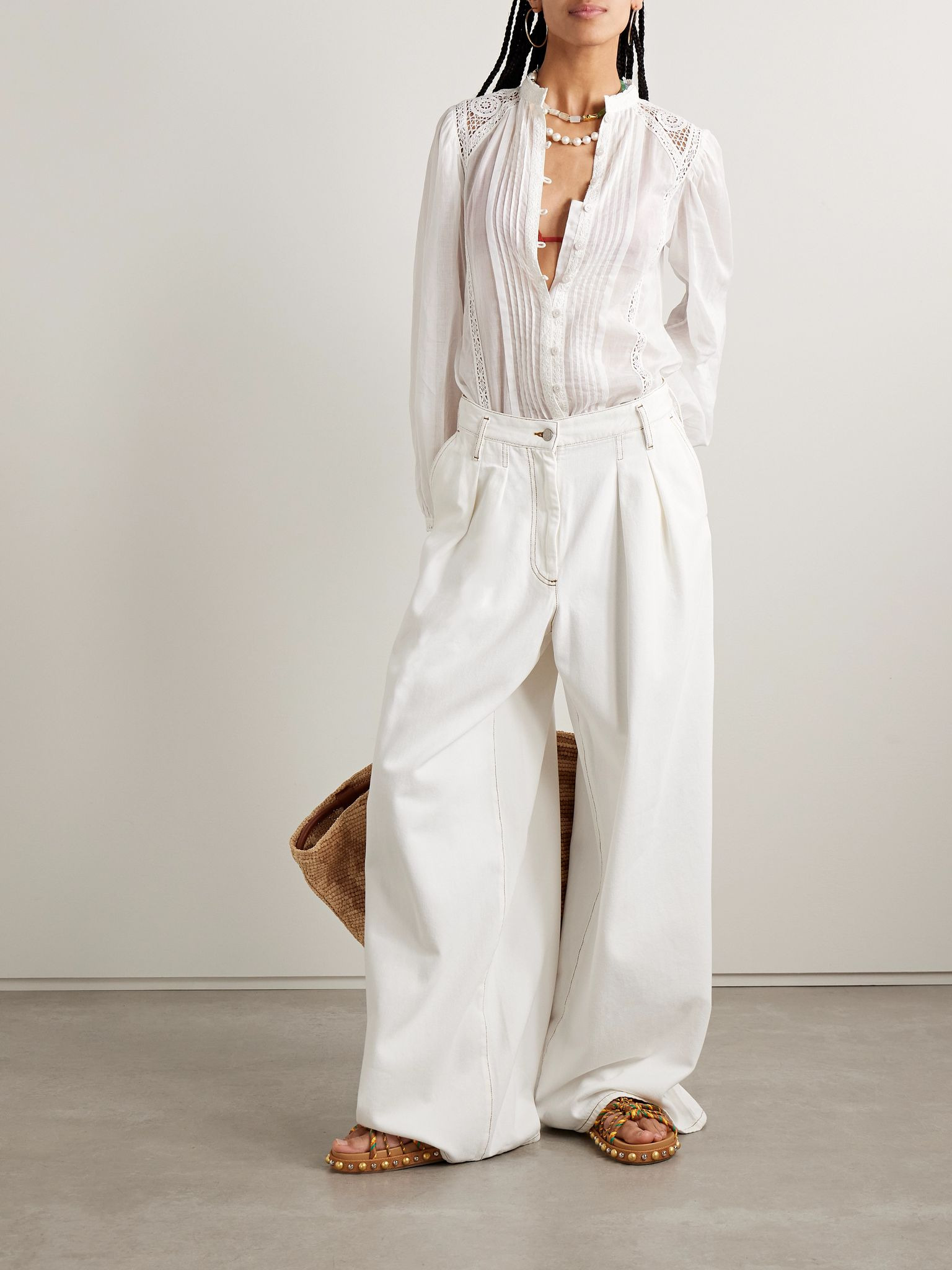 Greicy guipure lace-trimmed pintucked cotton-voile shirt White - 2
