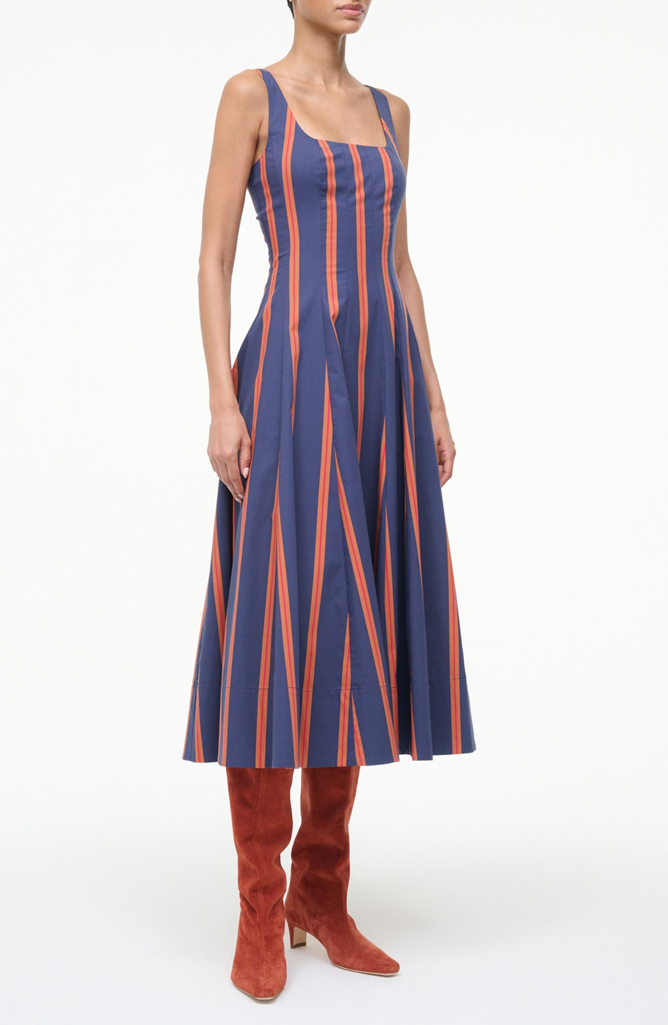 STAUD Wells Stripe Stretch Cotton Fit & Flare Midi Dress in Railroad Stripe at Nordstrom - 3