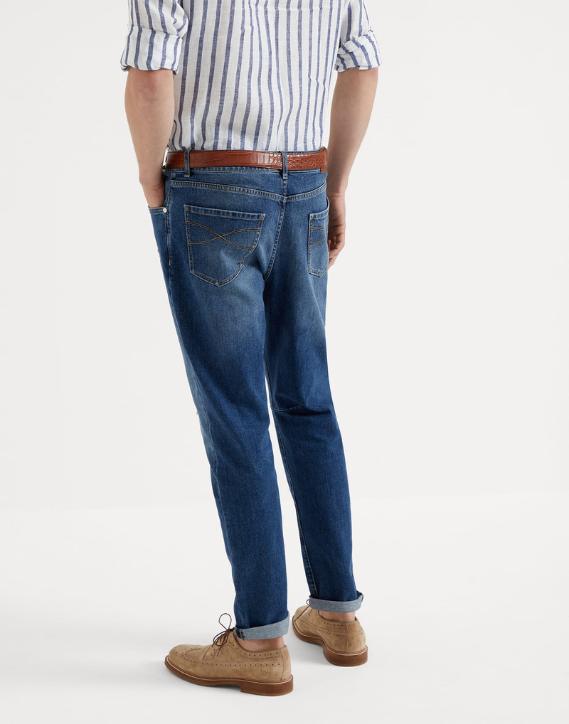 Brunello Cucinelli Comfort cotton denim leisure fit five-pocket trousers with rips outlook