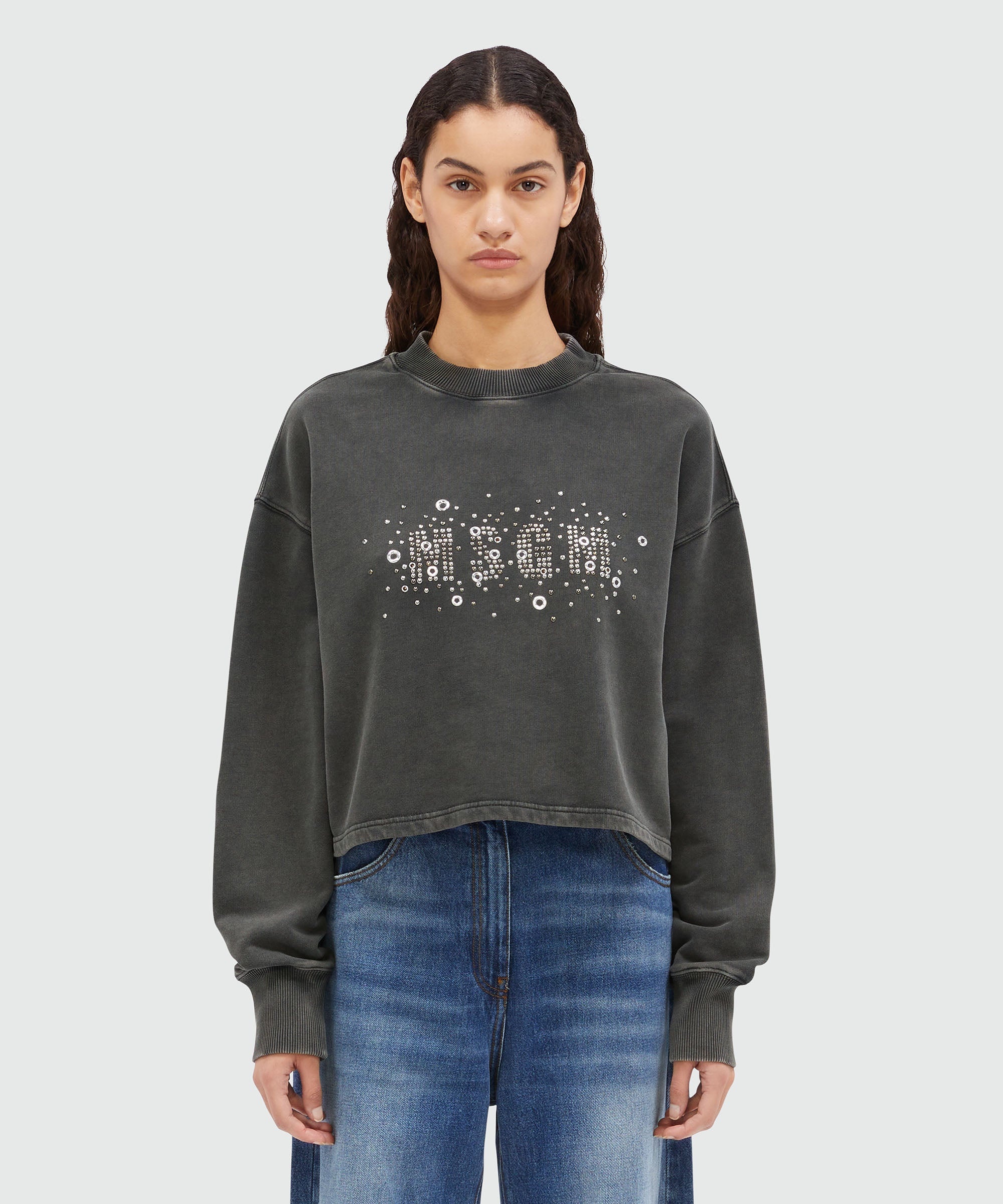 Pre-washed effect crop sweatshirt with studs - 2