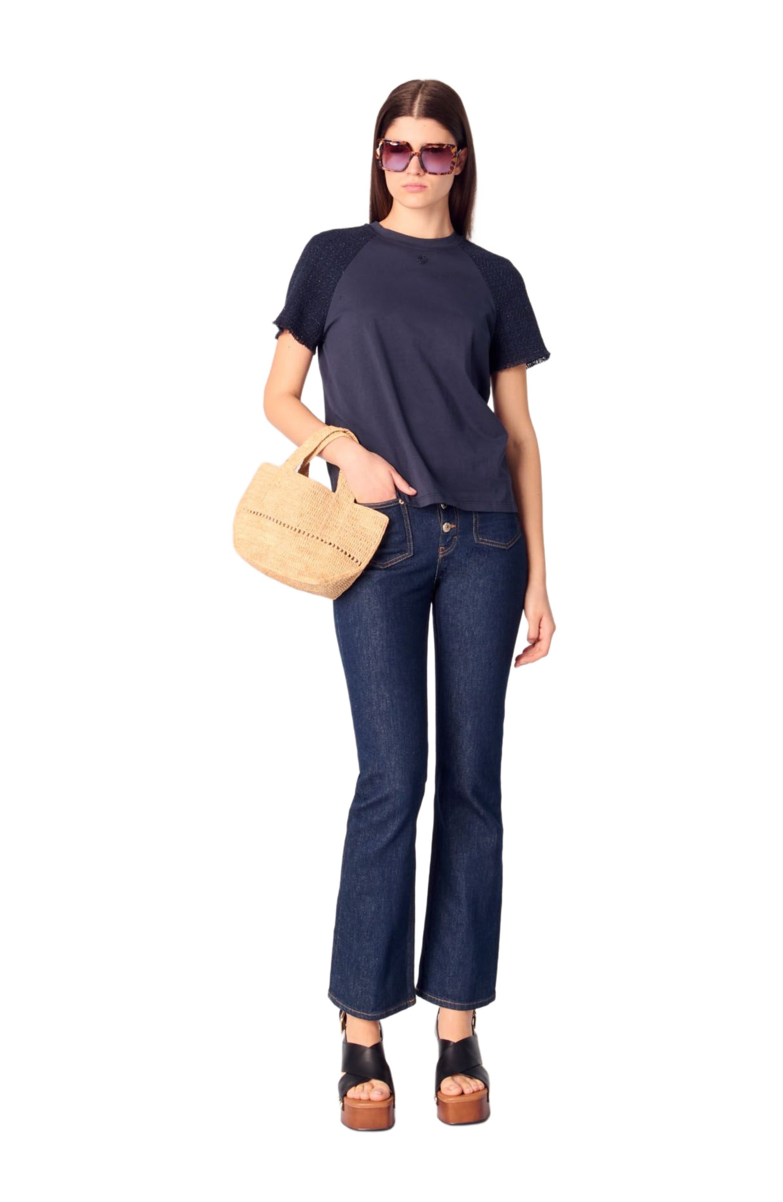 maje Tweed-sleeved T-shirt in Navy at Nordstrom - 2