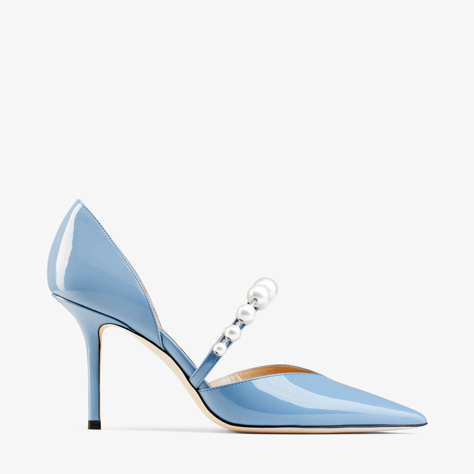 JIMMY CHOO Aurelie 85 Smoky Blue Patent Leather Pointed Pumps with Pearl  Embellishment | REVERSIBLE