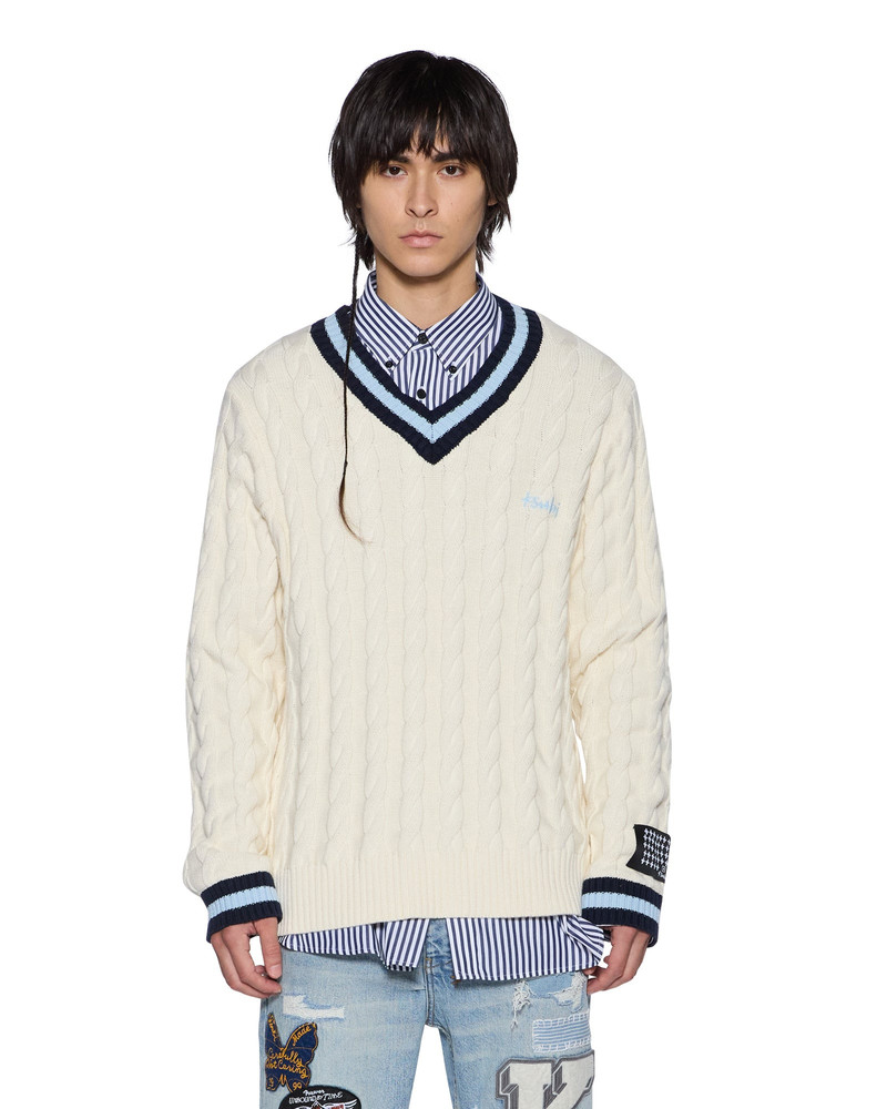PRINCETON CABLE KNIT V NECK VINTAGE WHITE 1