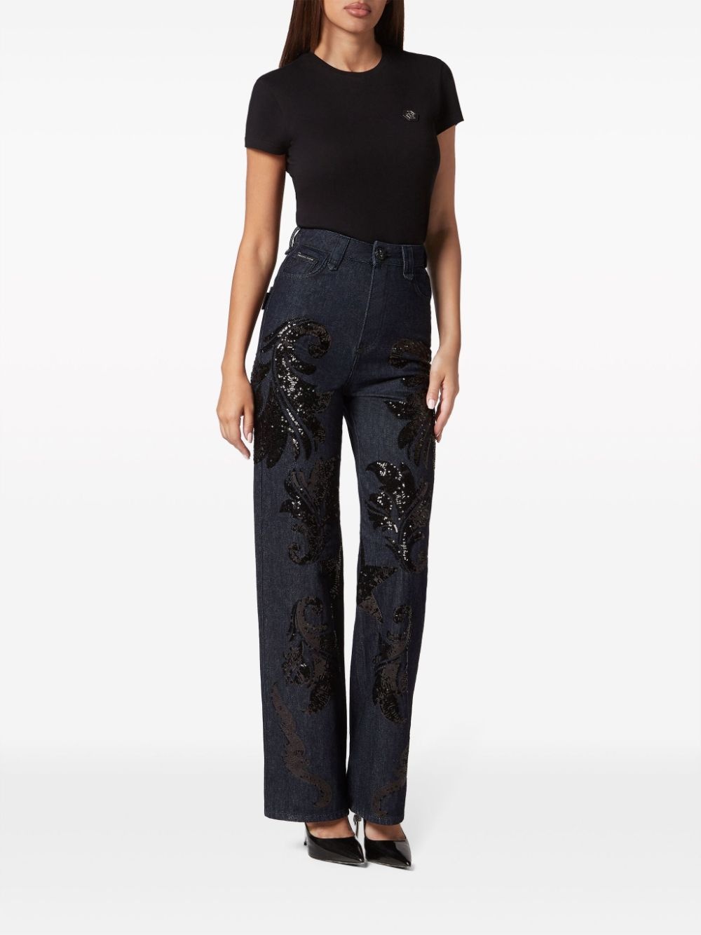 sequin-embellished high-rise wide-leg jeans - 2