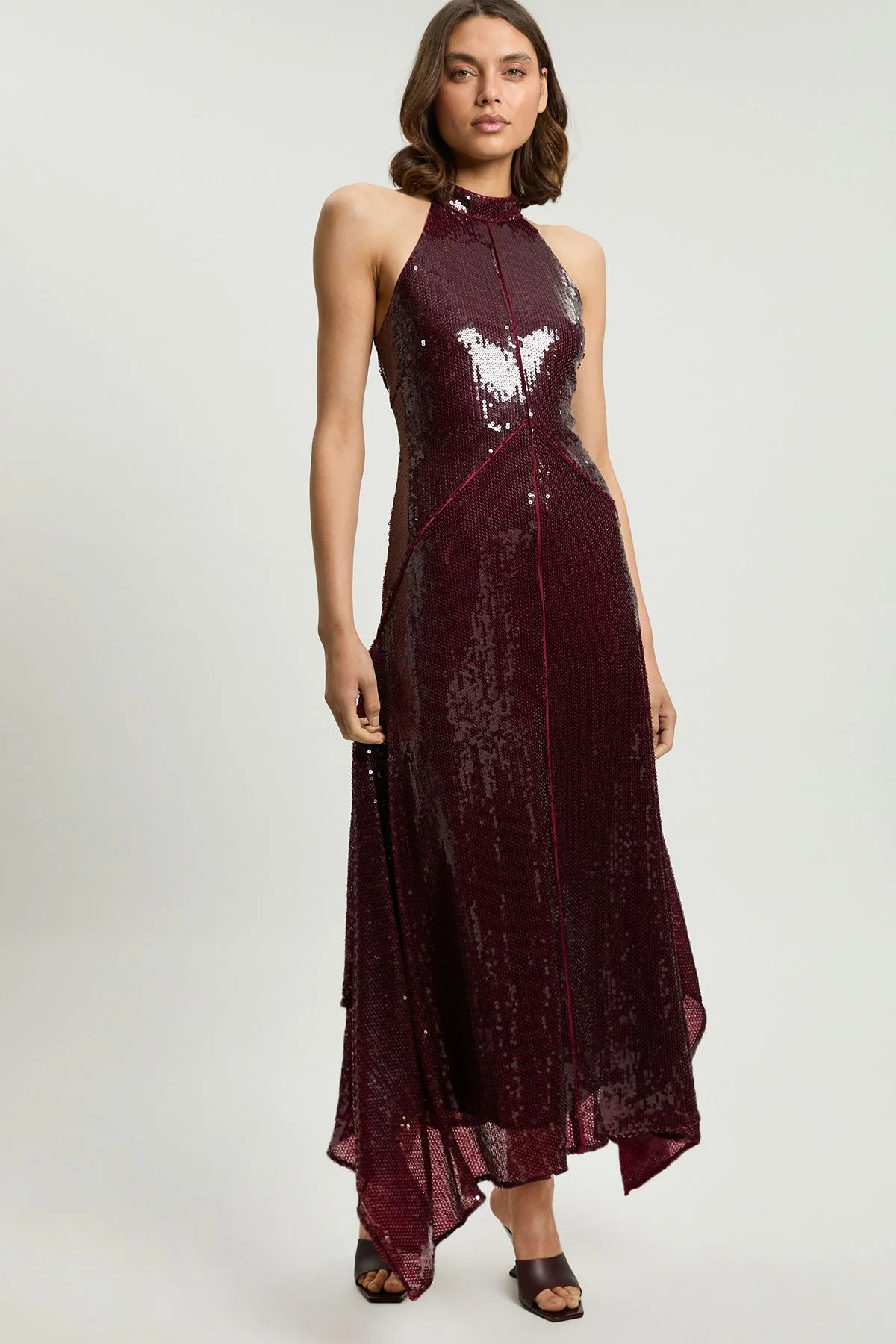 Petite Sequin Halter Neck Hanky Hem Maxi Dress - 1