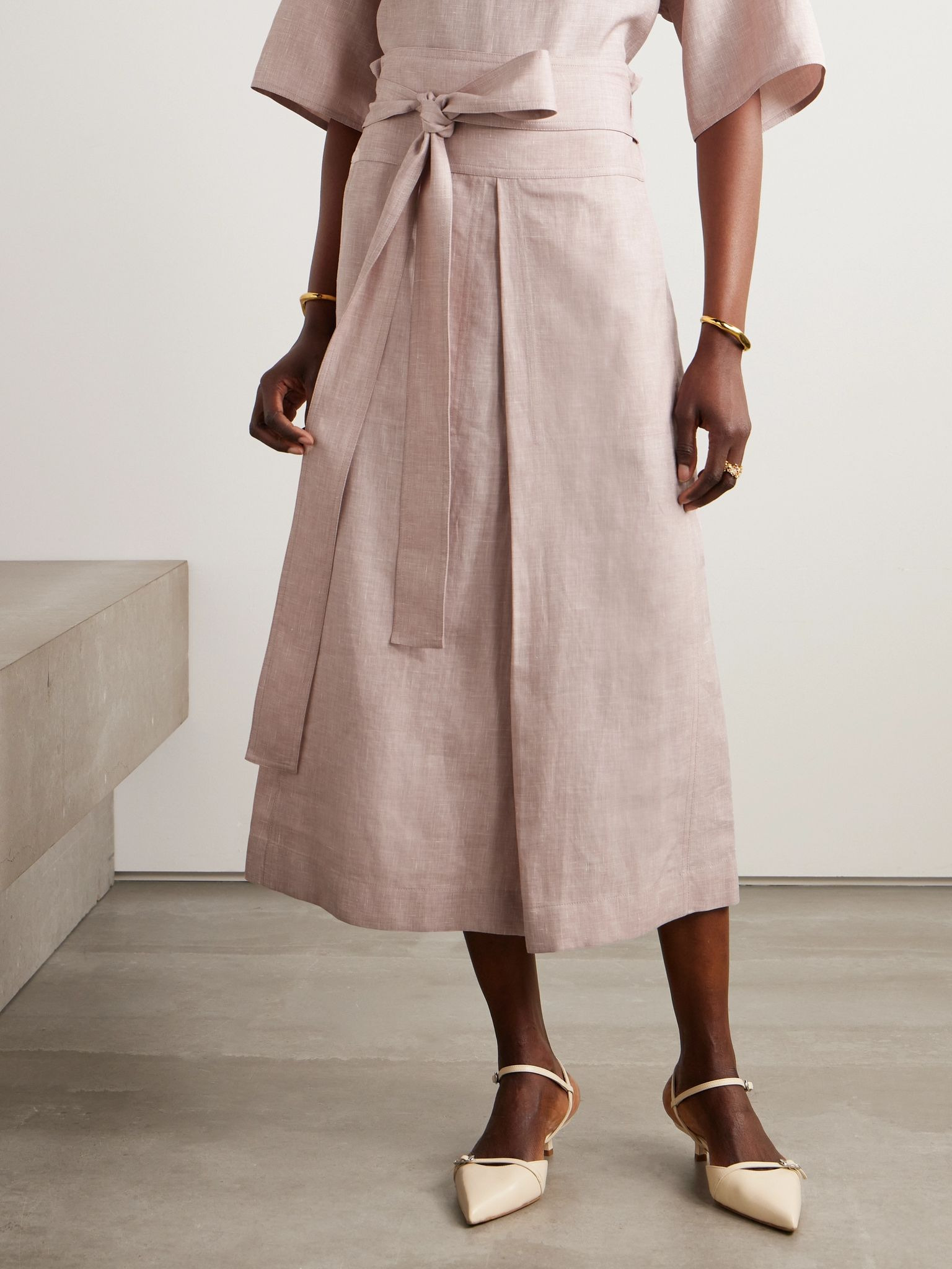 Belted linen, wool and silk-blend midi skirt Pink - 3