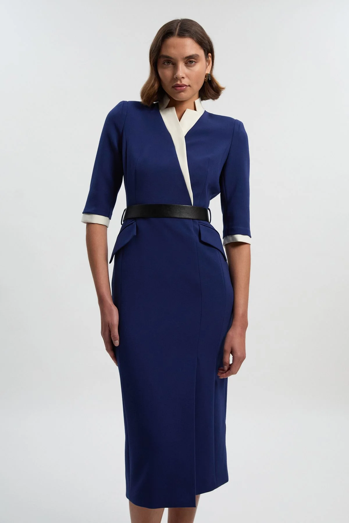 Compact Stretch Tipped Tailored Belted Forever Midi Dress - 1