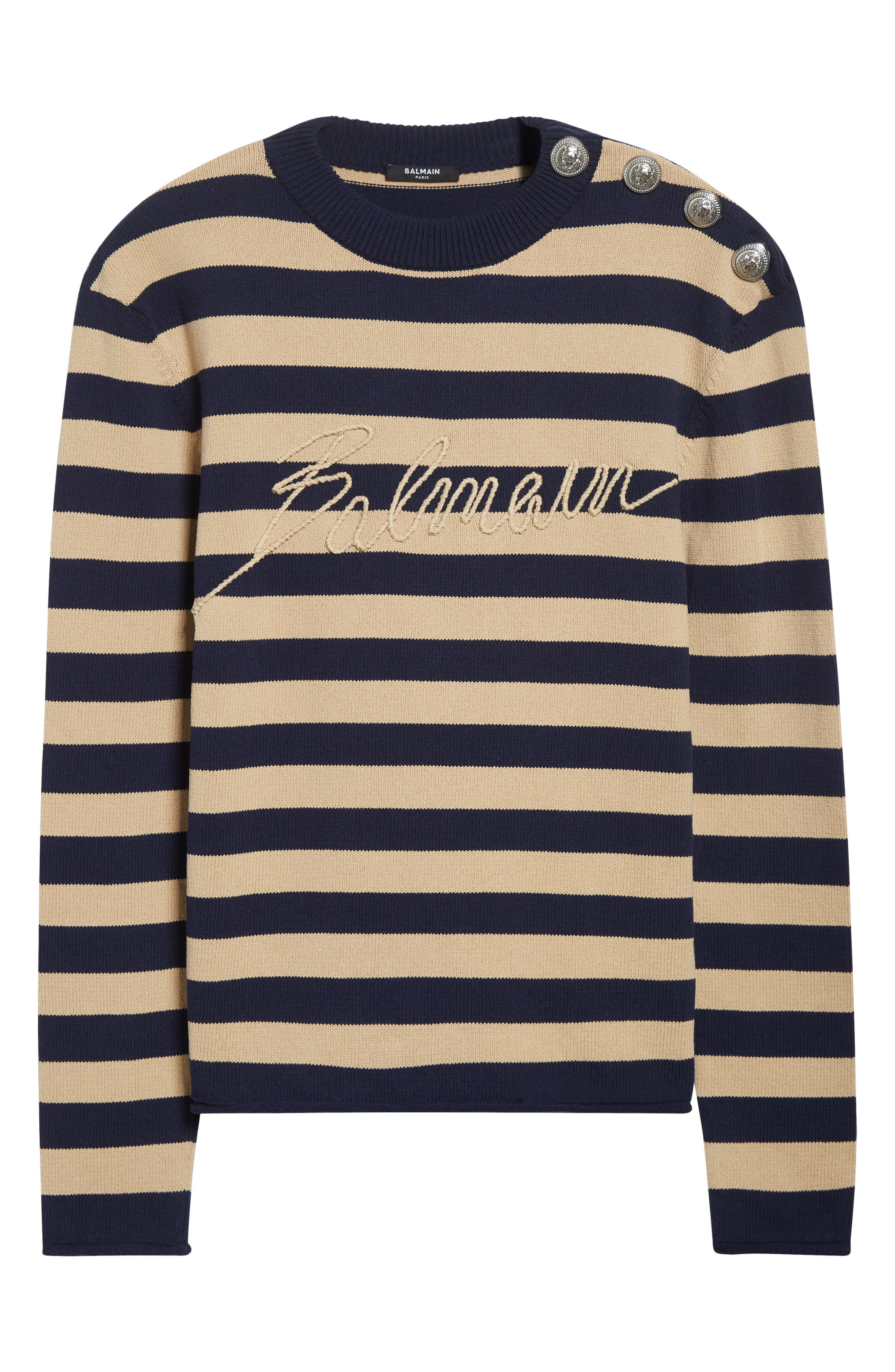 Balmain Embroidered Logo Cotton Sweater in Soe Navy/Camel at Nordstrom - 6