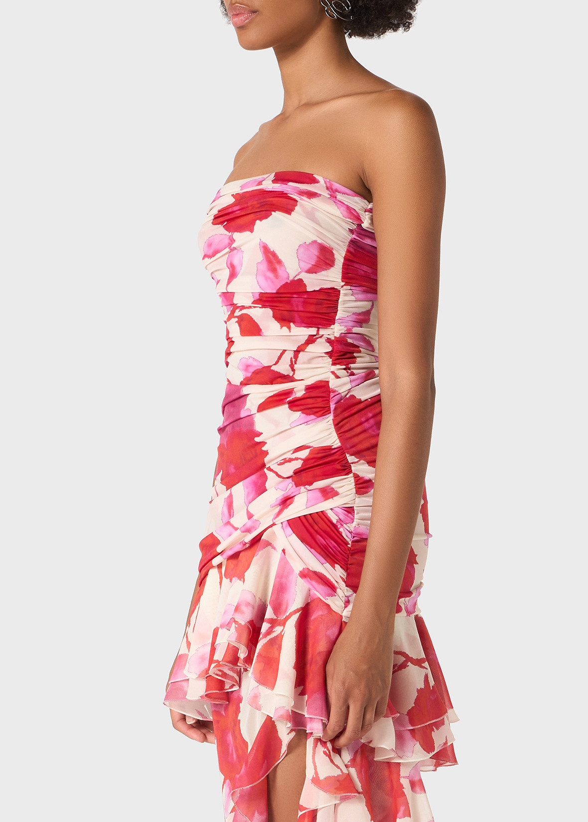 PRINTED JERSEY BUSTIER DRESS WITH CHIFFON FLOUNCES - 5