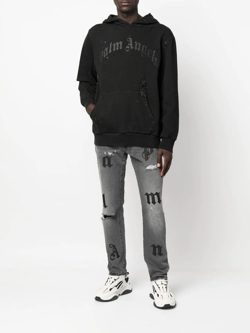 Palm Angels distressed logo-print hoodie outlook