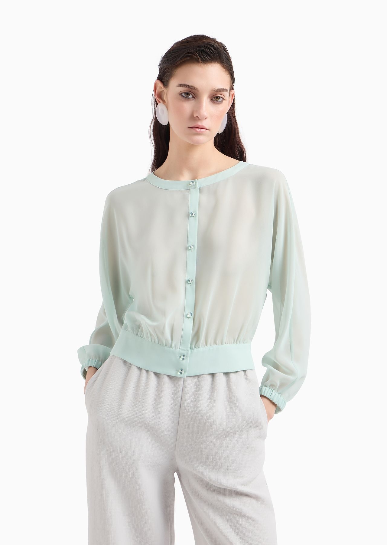 Georgette round-neck shirt with gathering - 2