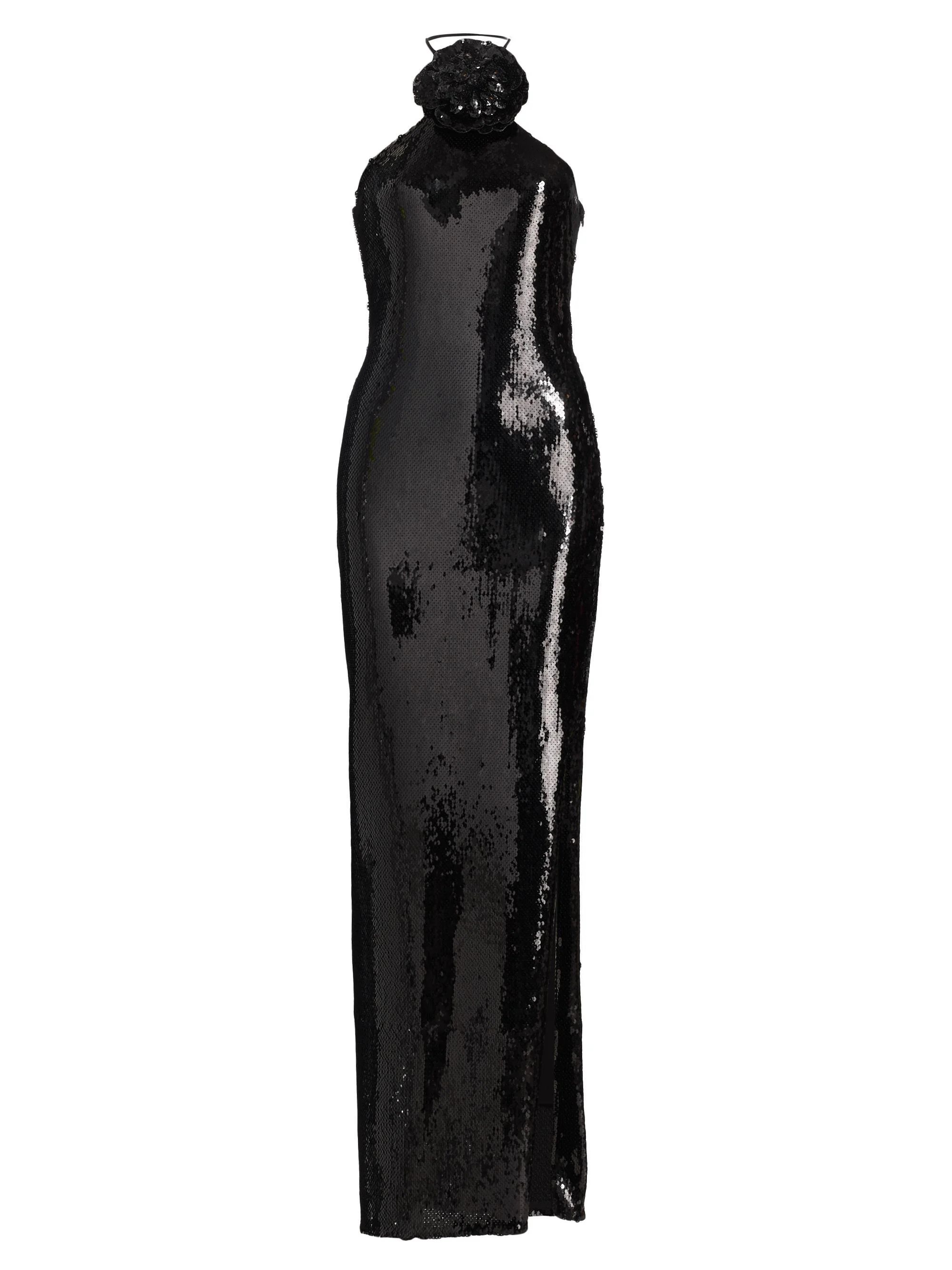 Women's Flower Sequined Halter Body-Con Gown - Black - 1