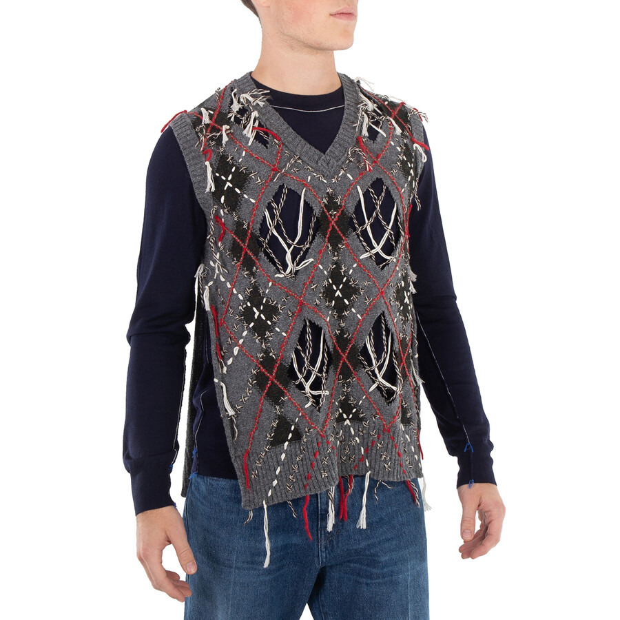 Maison Margiela Men's Grey / Dark Green / Walnut Cut-Out Intarsia-Knit Vest - 5