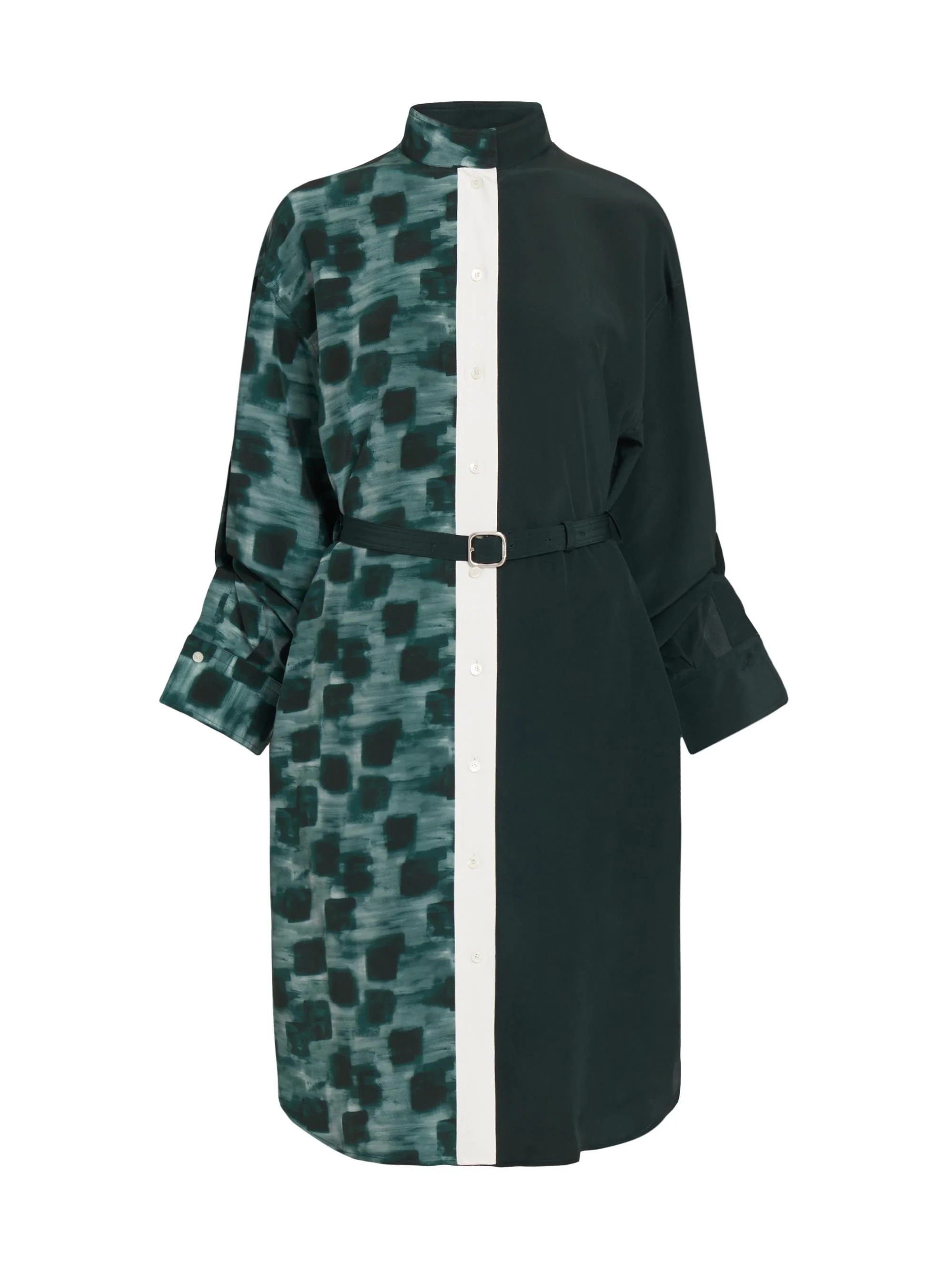 Women's Painted Block Silk Split Shirtdress - Moss - 1
